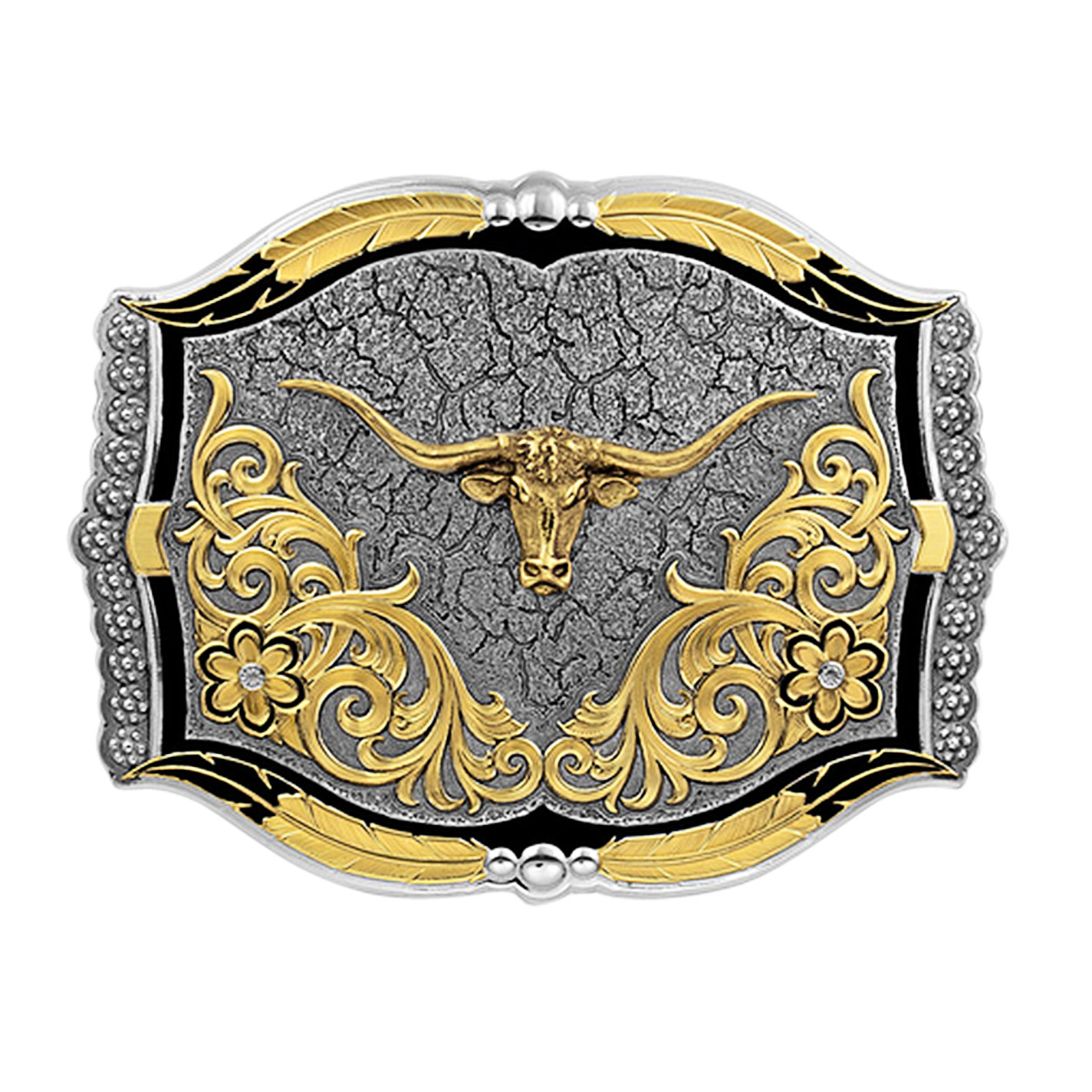Montana Silversmiths Antiqued Silver and Gold Crackle Dirt Longhorn Rectangle Belt Buckle - Image 1