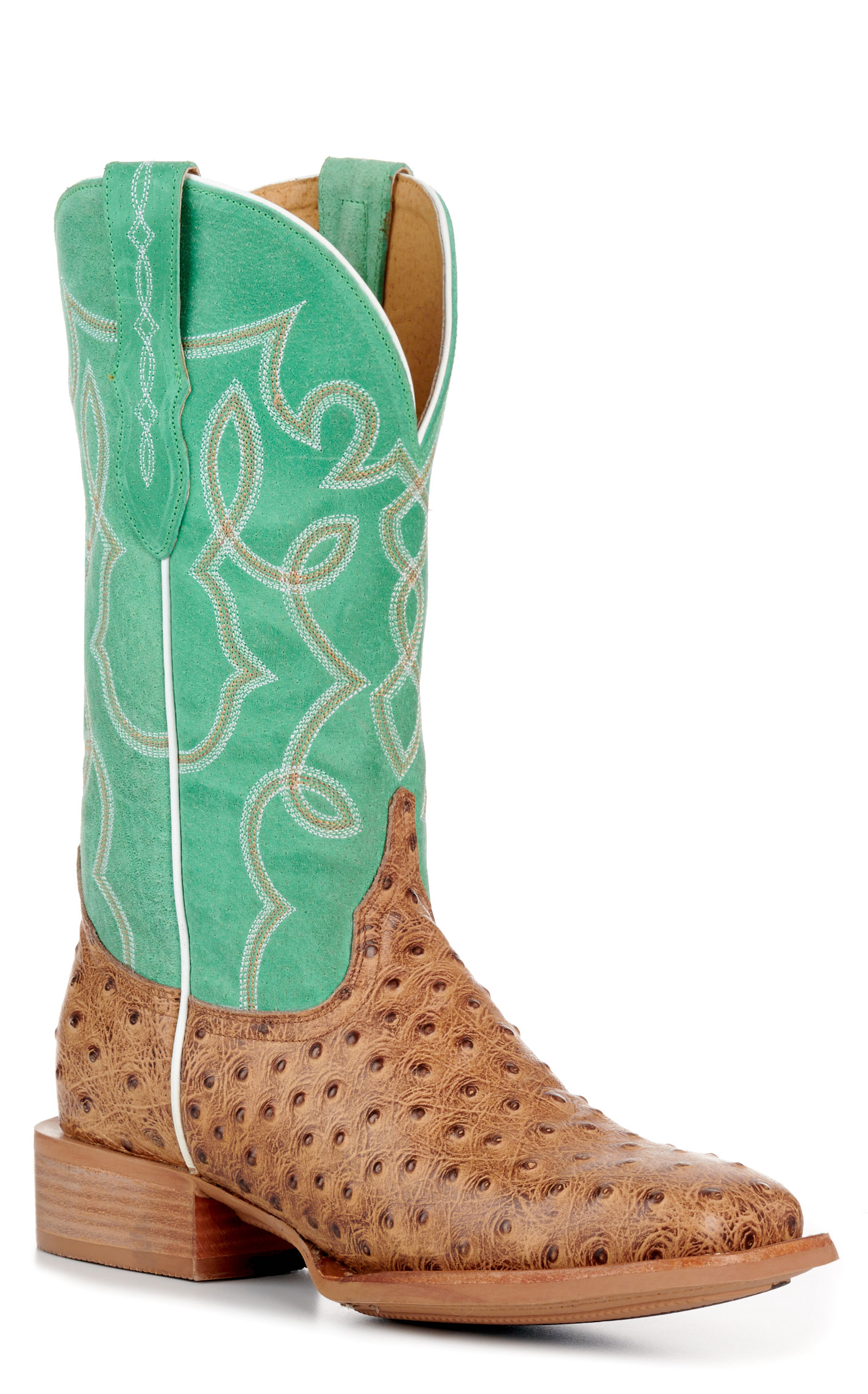 Cavender’s Women’s Intrepid Saddle Tan Ostrich Print and Green Wide Square Toe Cowboy Boots  - Image 1