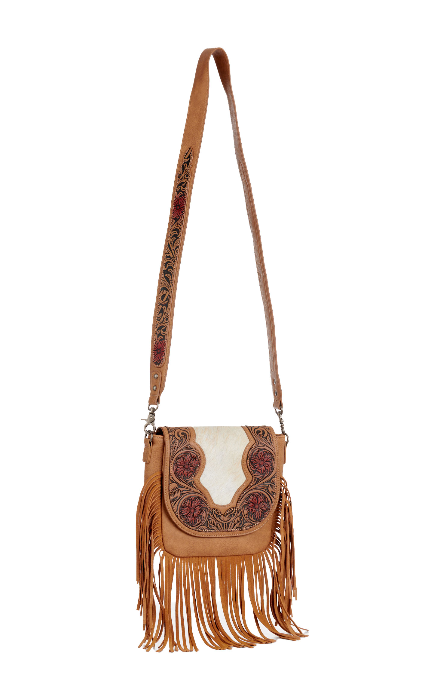Trinity Ranch Genuine Hair On Cowhide Tooled Fringe Crossbody Bag - Image 1