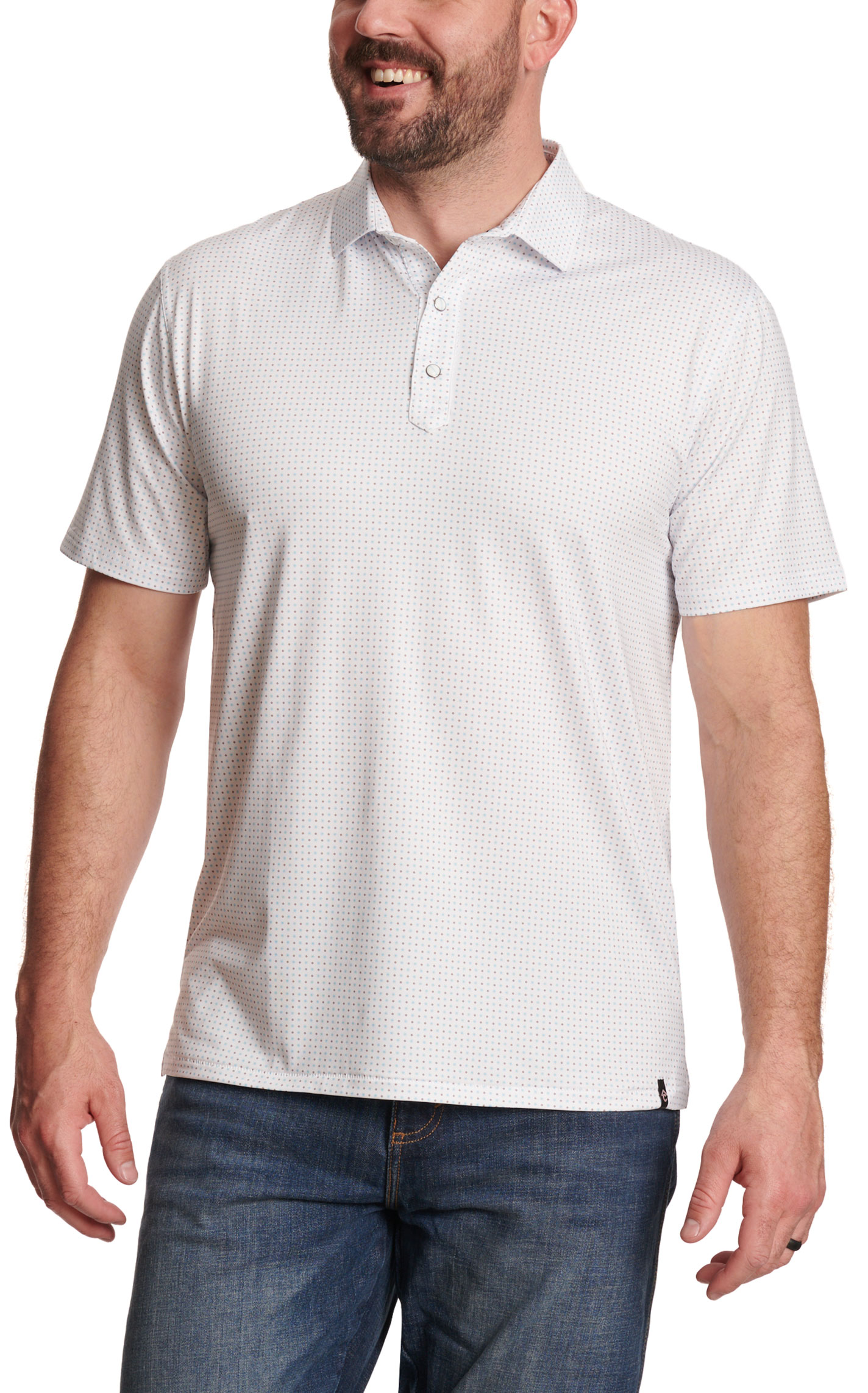 Rafter C Men’s May White Geo Print Polo Shirt - Image 1