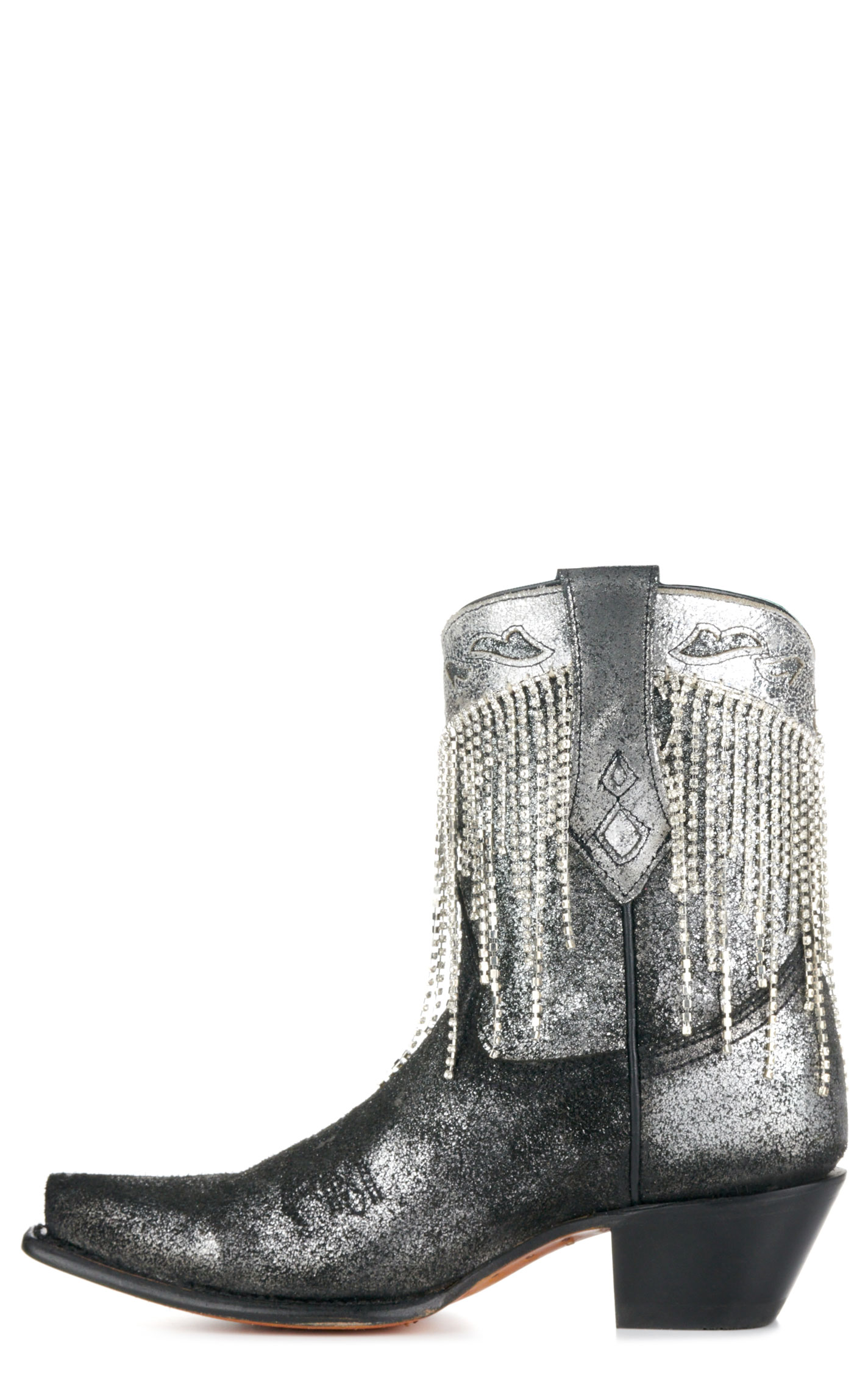 Corral Women's Distressed Metallic Black with Crystal Fringe Snip Toe Cowboy Booties - Image 1