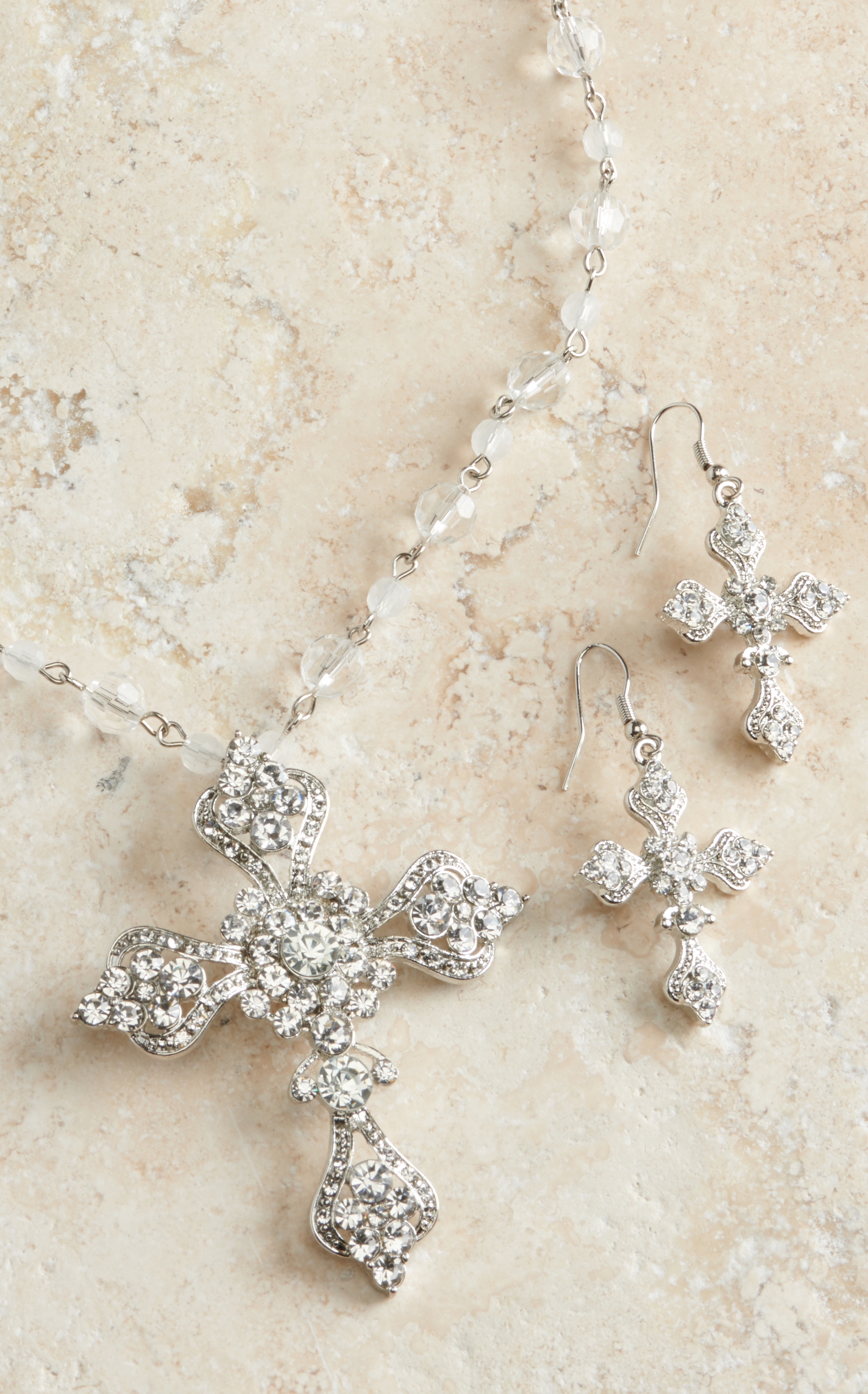 Blazin Roxx Women's Clear Crystal Cross Necklace & Earrings Set - Image 1