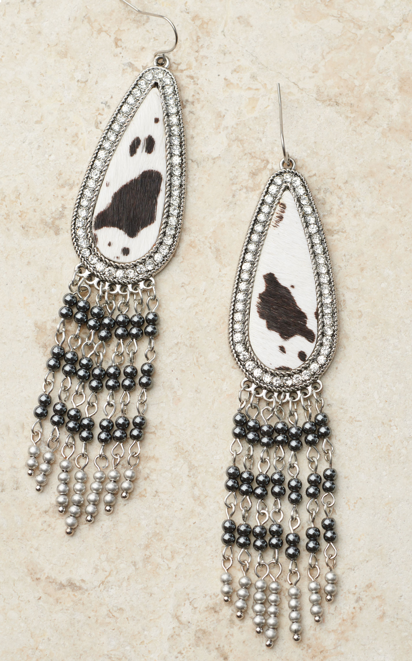 Cowgirl Confetti Silver & Hair-on Hide Teardrop Fringed Earrings - Image 1