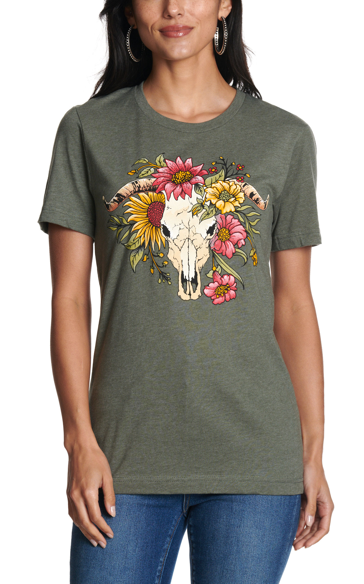 Spirit to a Tee Women's Military Green Skull & Floral Graphic T-Shirt - Image 1