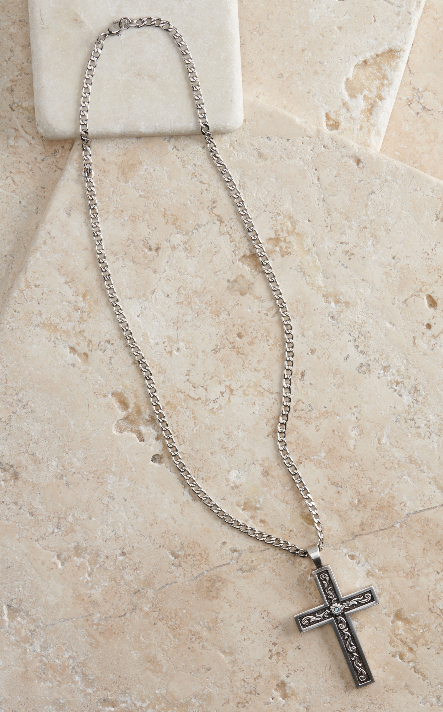 Twister Men's Silver Tone Cross with Tooled Inlay and Aqua Stone Pendant Necklace - Image 1