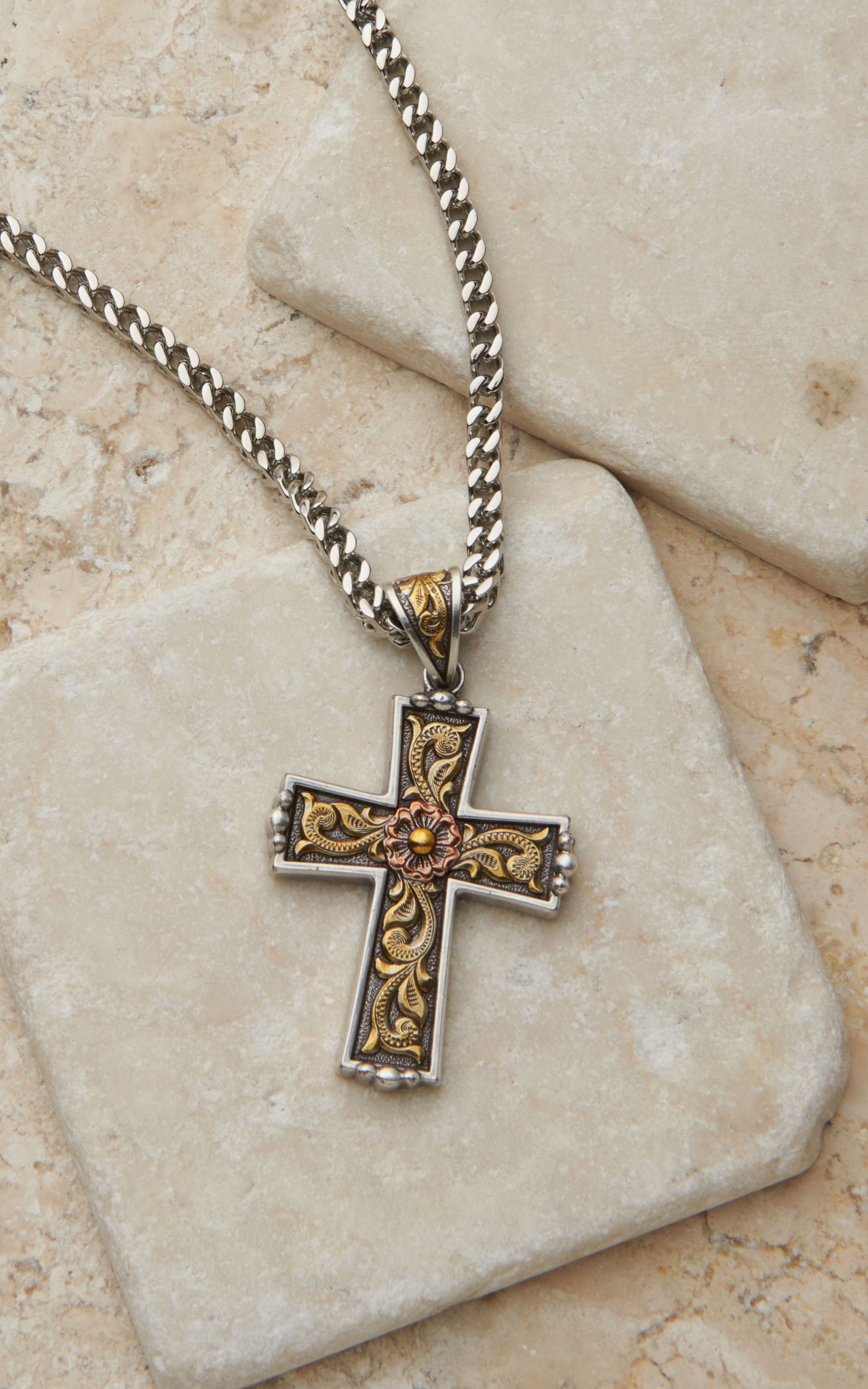 Twister Men's Antique Silver and Gold 24in Cross Necklace - Image 1