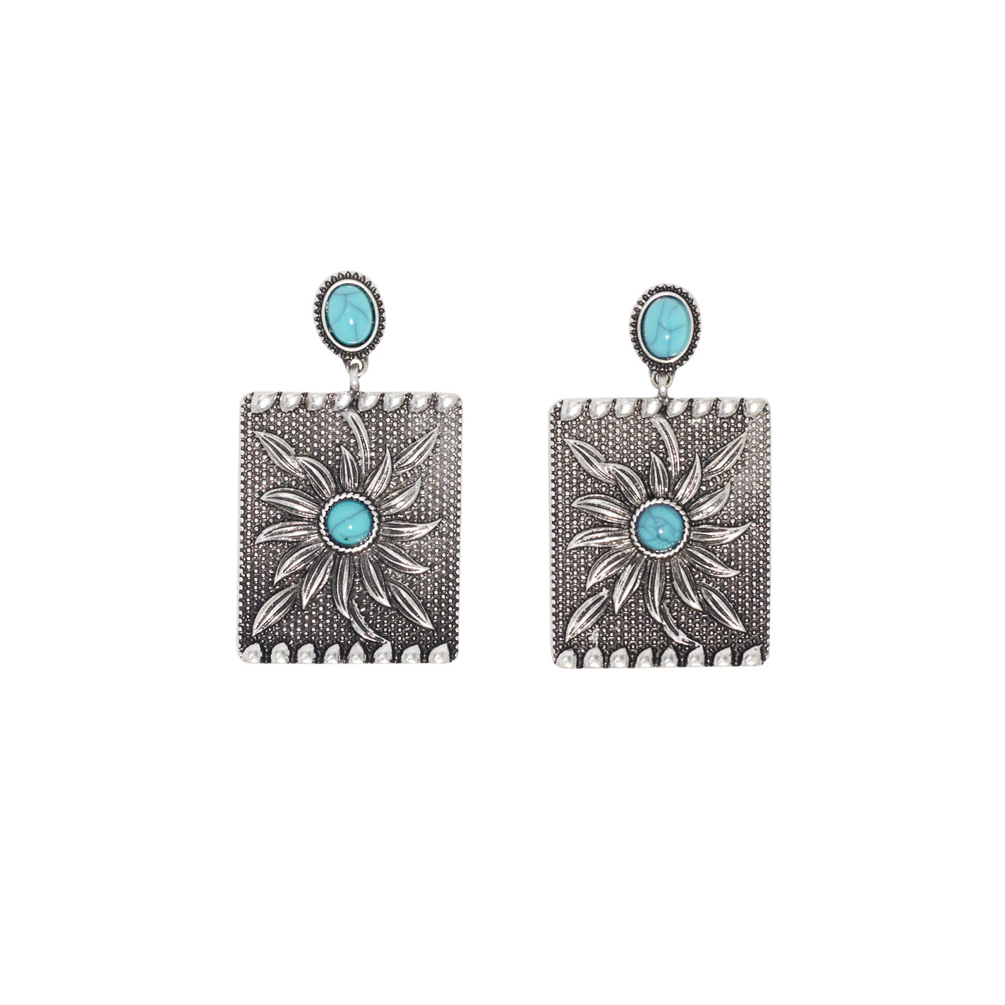 806 by Pink Panache Silver & Turquoise Sunflower Square Earrings - Image 1