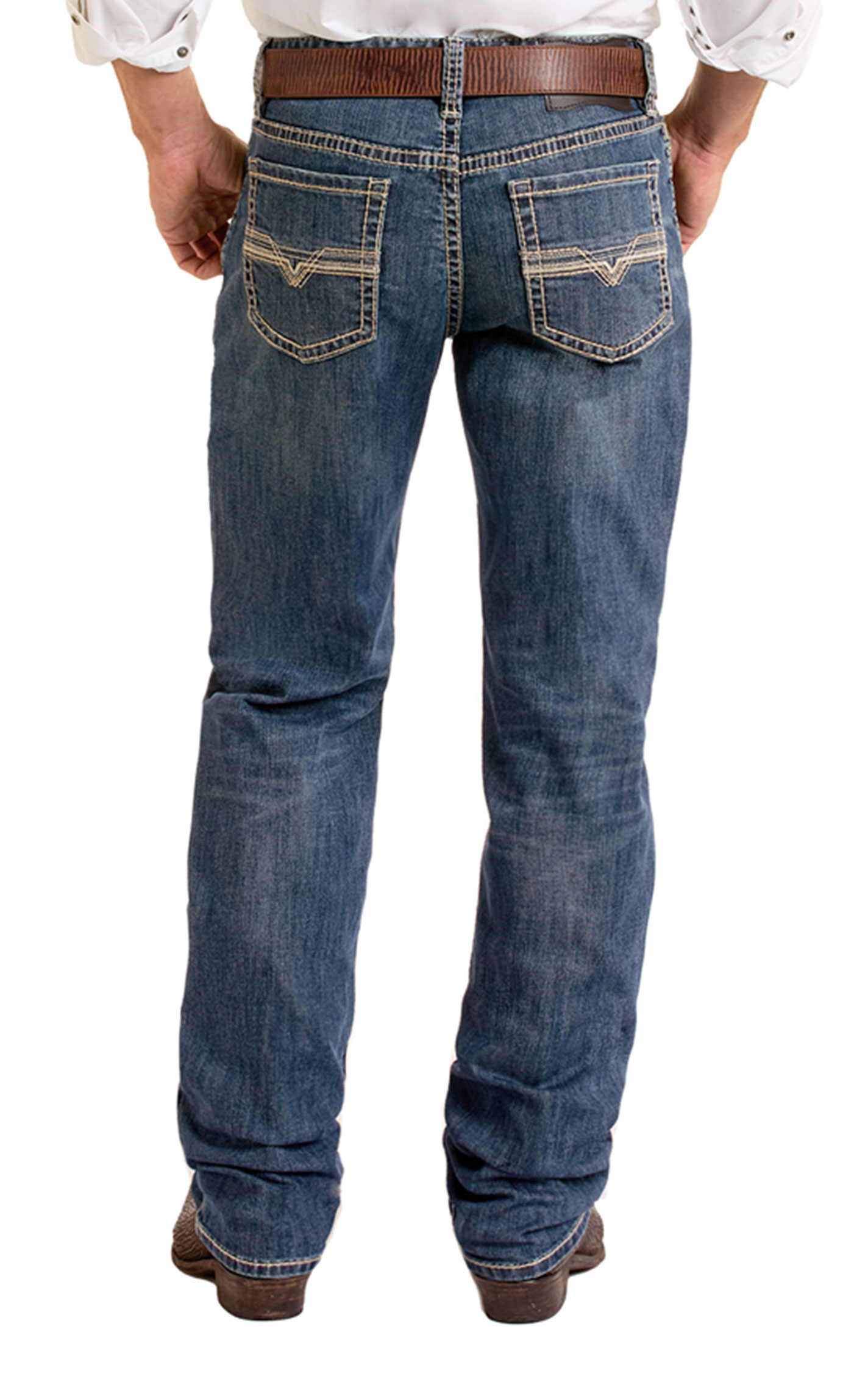 Rock & Roll Denim Men's Bravo Medium Wash Embroidered Pocket Boot Cut Jeans - Image 1