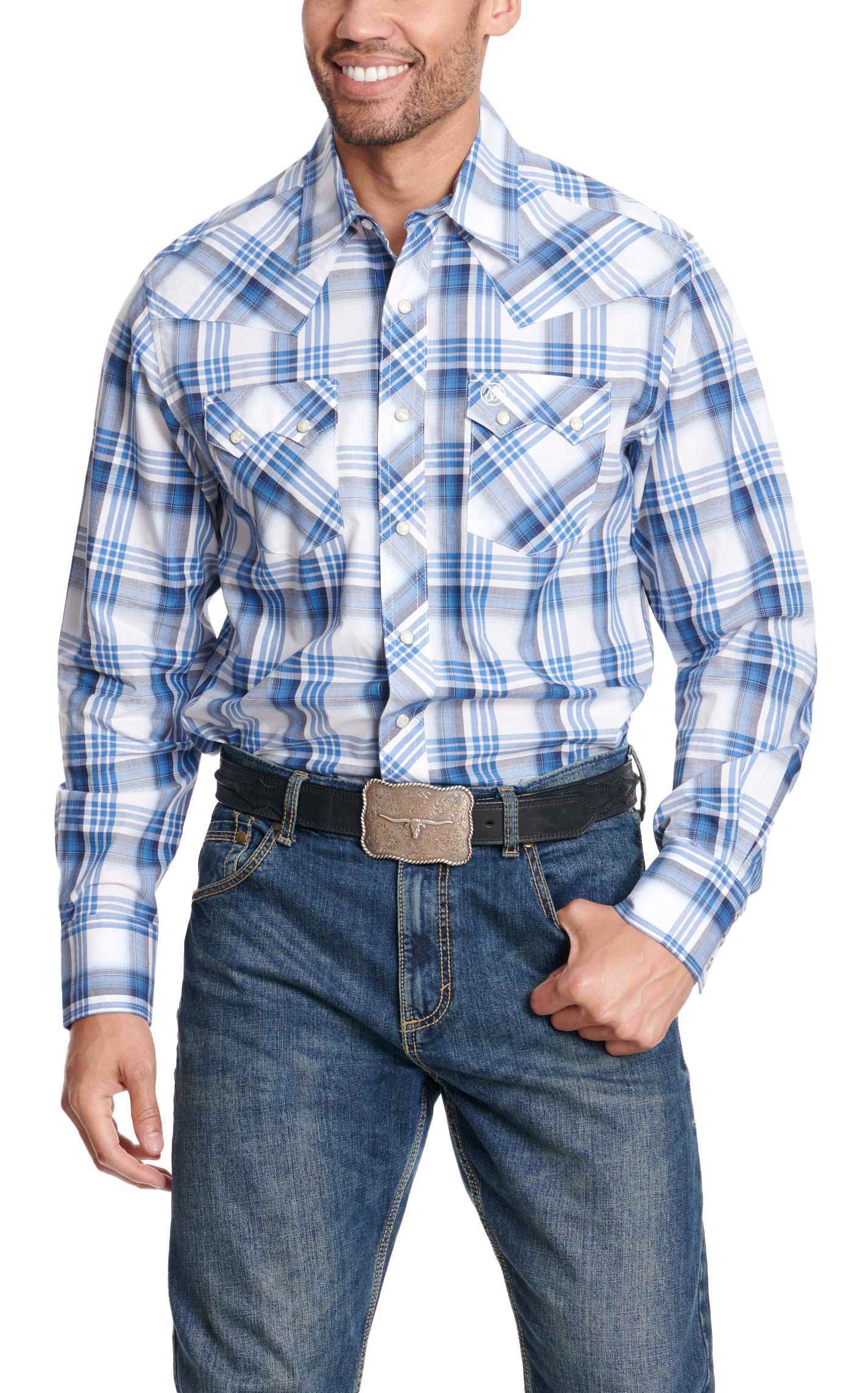 Wrangler Retro Men's White Royal Blue & Black Plaid Western Shirt - Image 1
