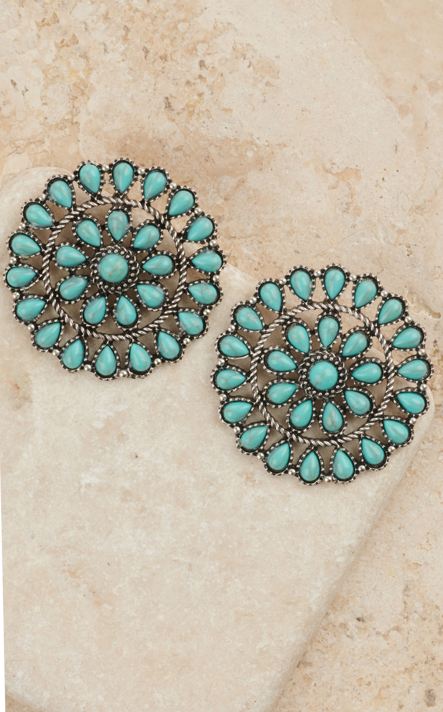 Rockin' C Women's Silver Rope & Turquoise Teardrops Round Flower Concho Earrings - Image 1