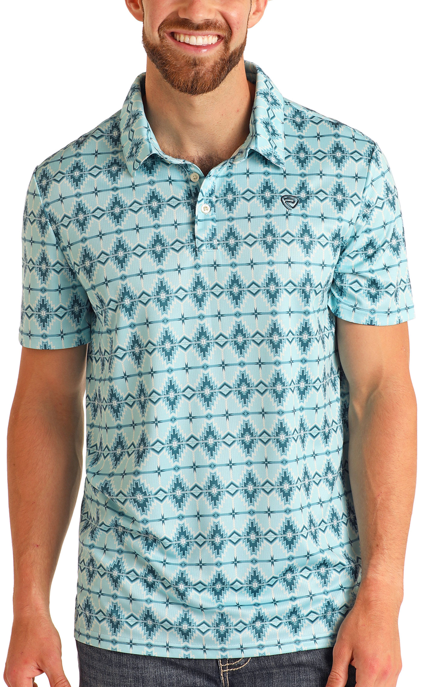 Rock & Roll Denim Men's Aqua Aztec Polo  - Image 1