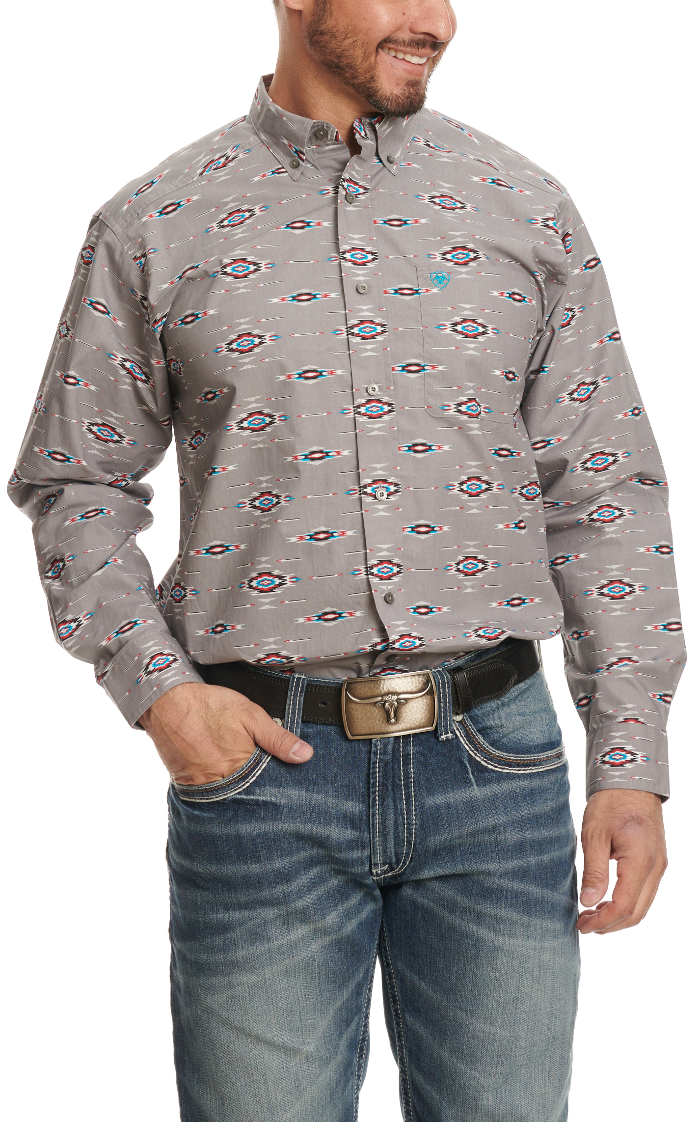 Ariat Men's Jarrod Cement & Colorful Aztec Print Western Shirt - Image 1