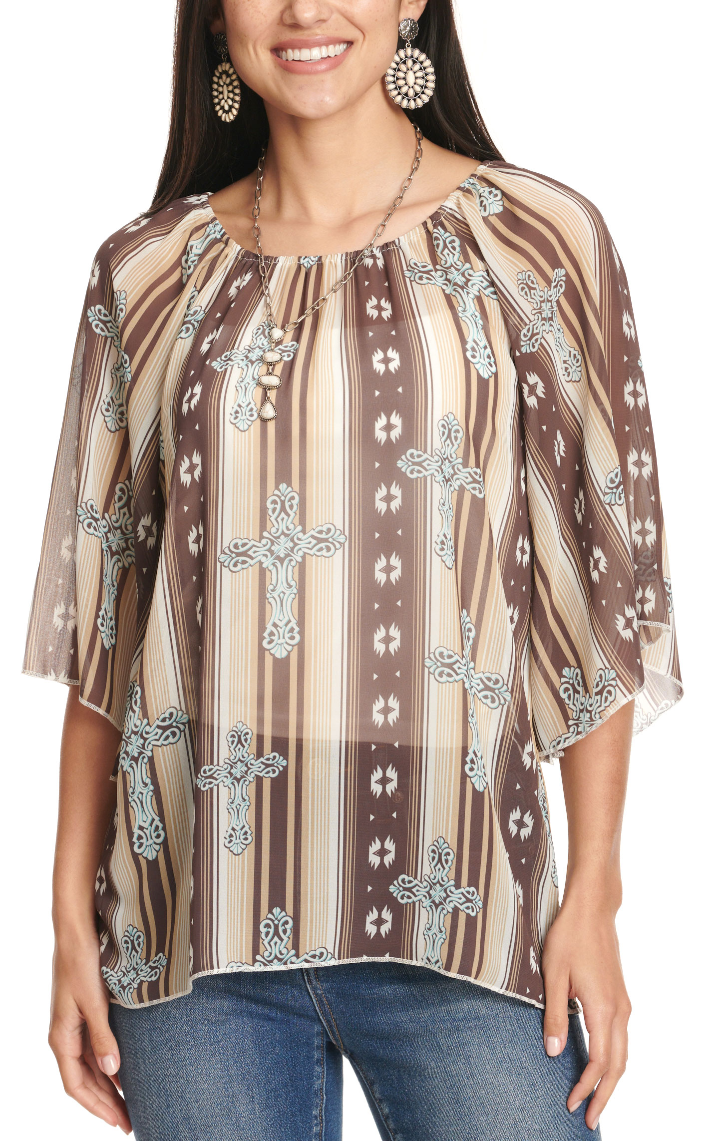 Cowgirl Hardware Women's Brown & Taupe Aztec Cross Print 3/4 Angel Sleeve Top - Image 1