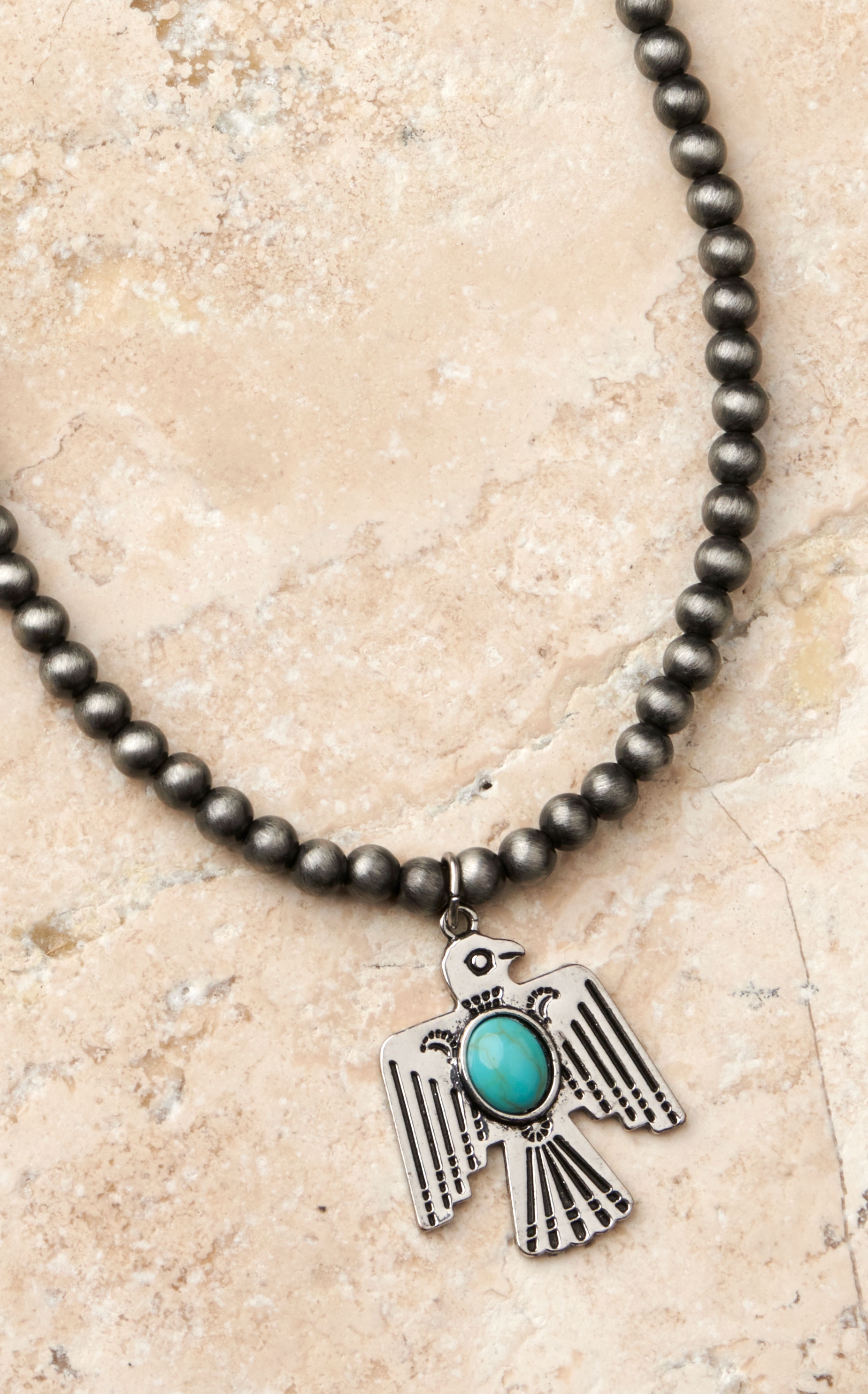 Rockin' C Women's Silver Navajo Pearls with Thunderbird Pendant Necklace - Image 1