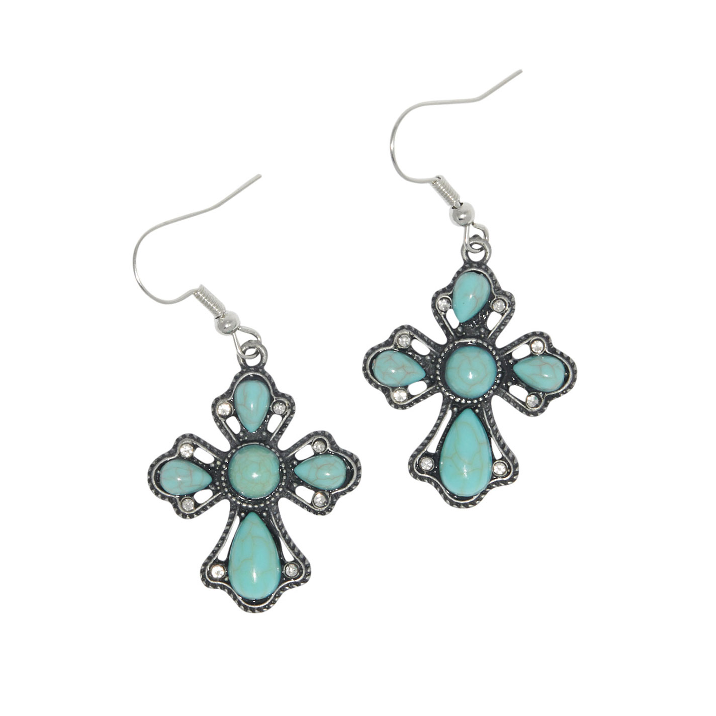 Rockin' C Antiqued Silver & Pale Turquoise Cross Earrings - Image 1