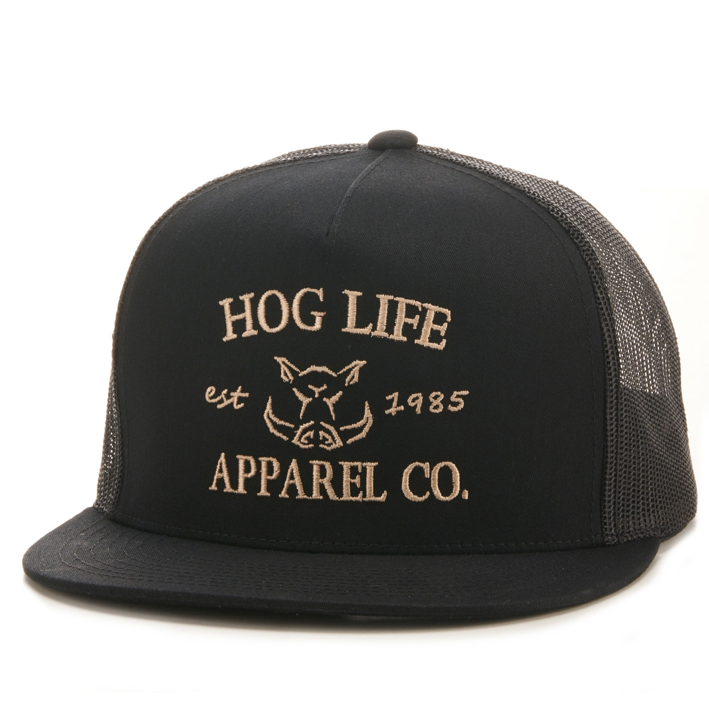 Hog Life Black with Tan Embroidery Mesh Cap - Image 1