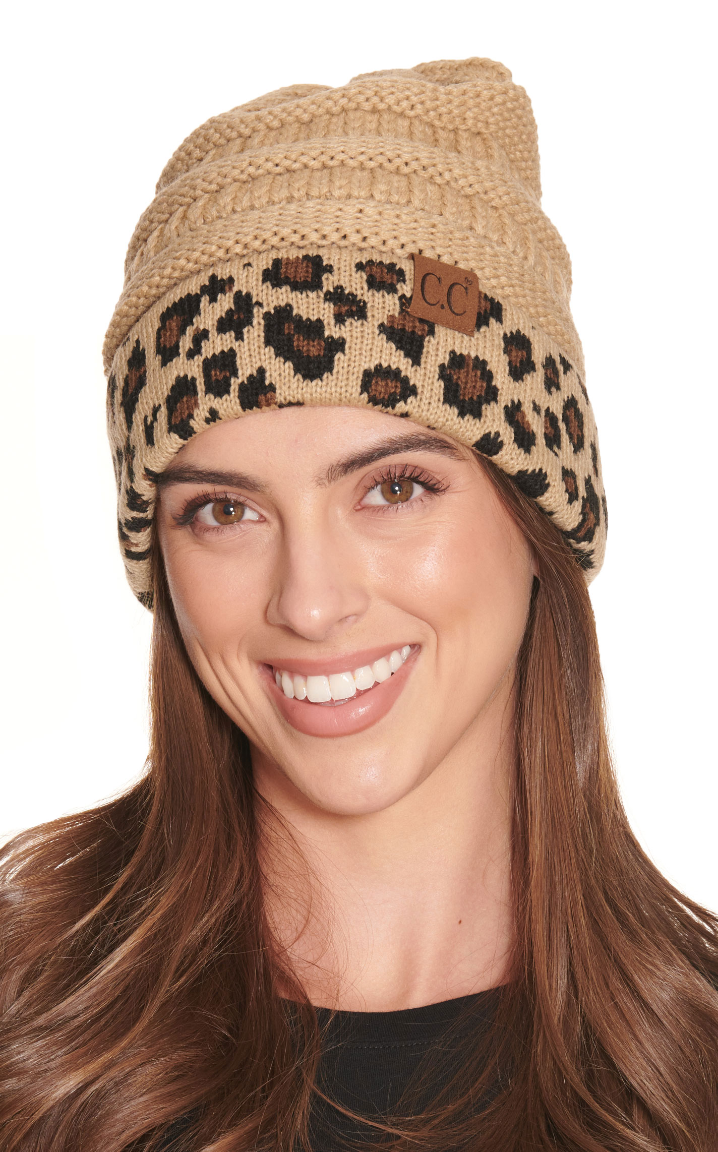 C.C. Brands Women's Camel Leopard Print Cuff Knit Beanie - Image 1