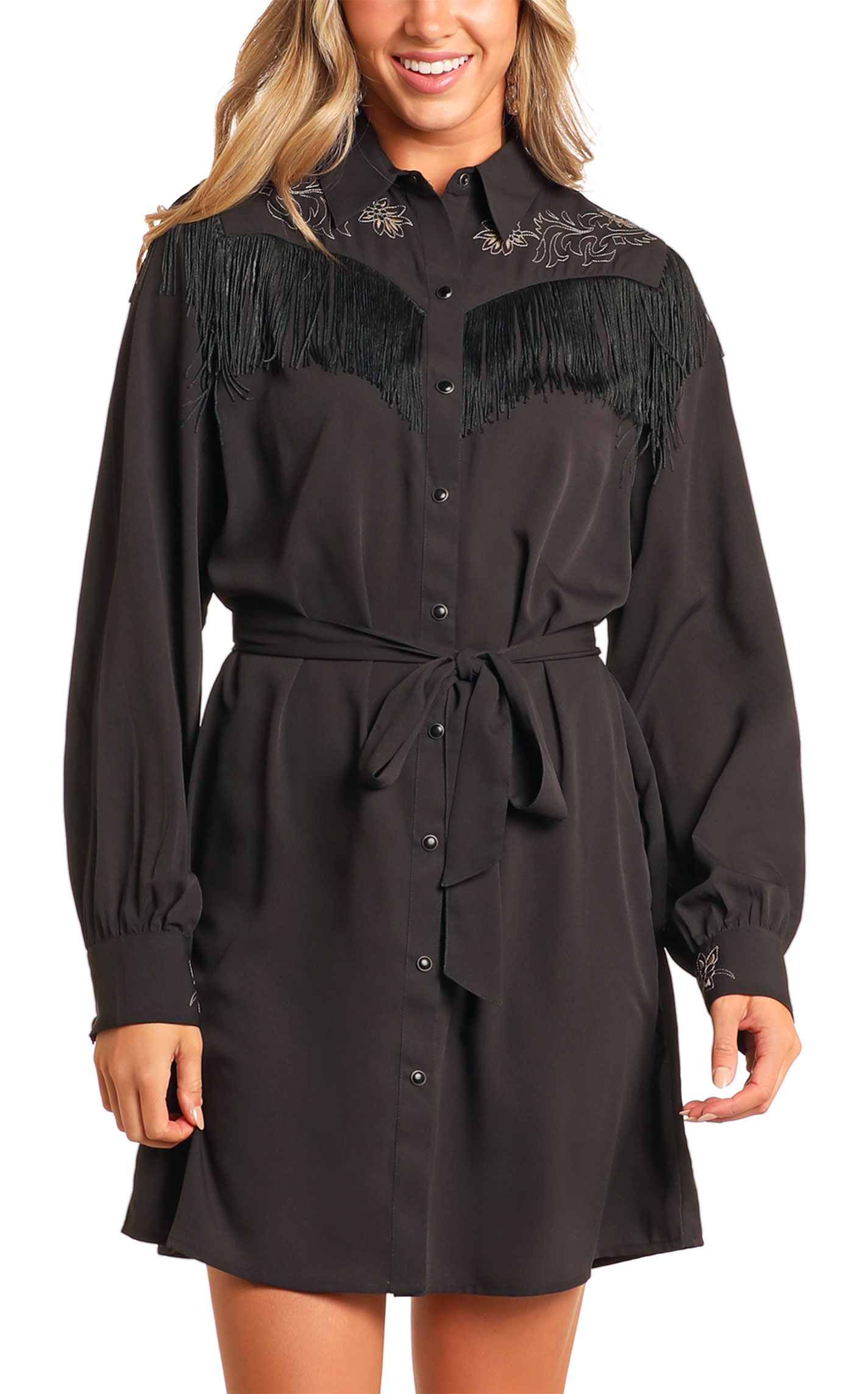 Rock & Roll Denim Women's Retro Black Embroidered & Fringed Dress - Image 1