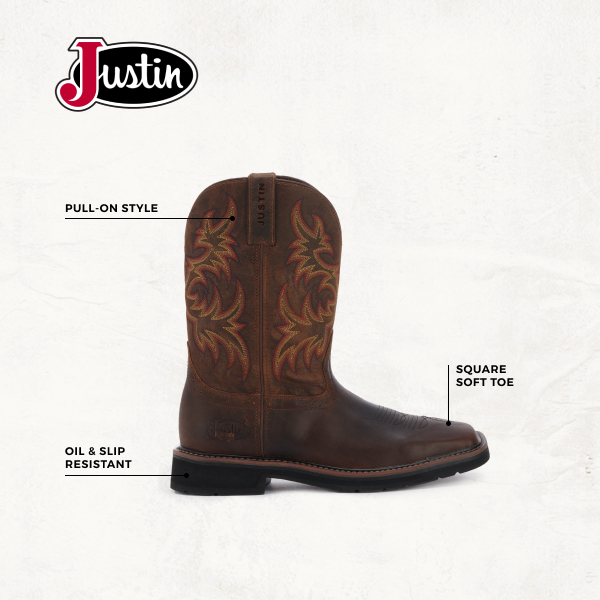 Justin Men's Stampede Driller Dark Brown Square Toe Work Boot - Image 1