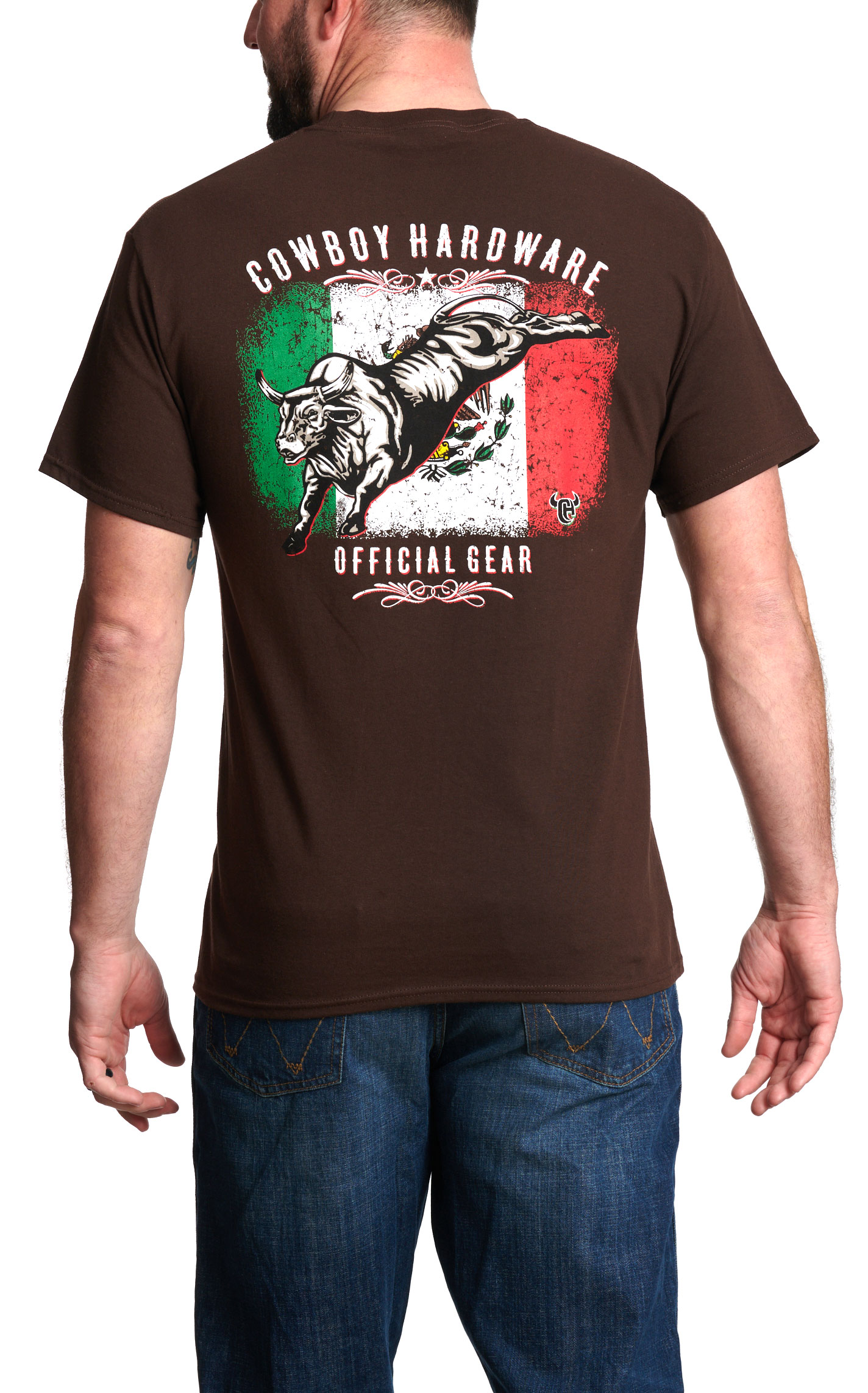 Cowboy Hardware Men's Chocolate Mexican Flag Logo Graphic T-Shirt - Image 1