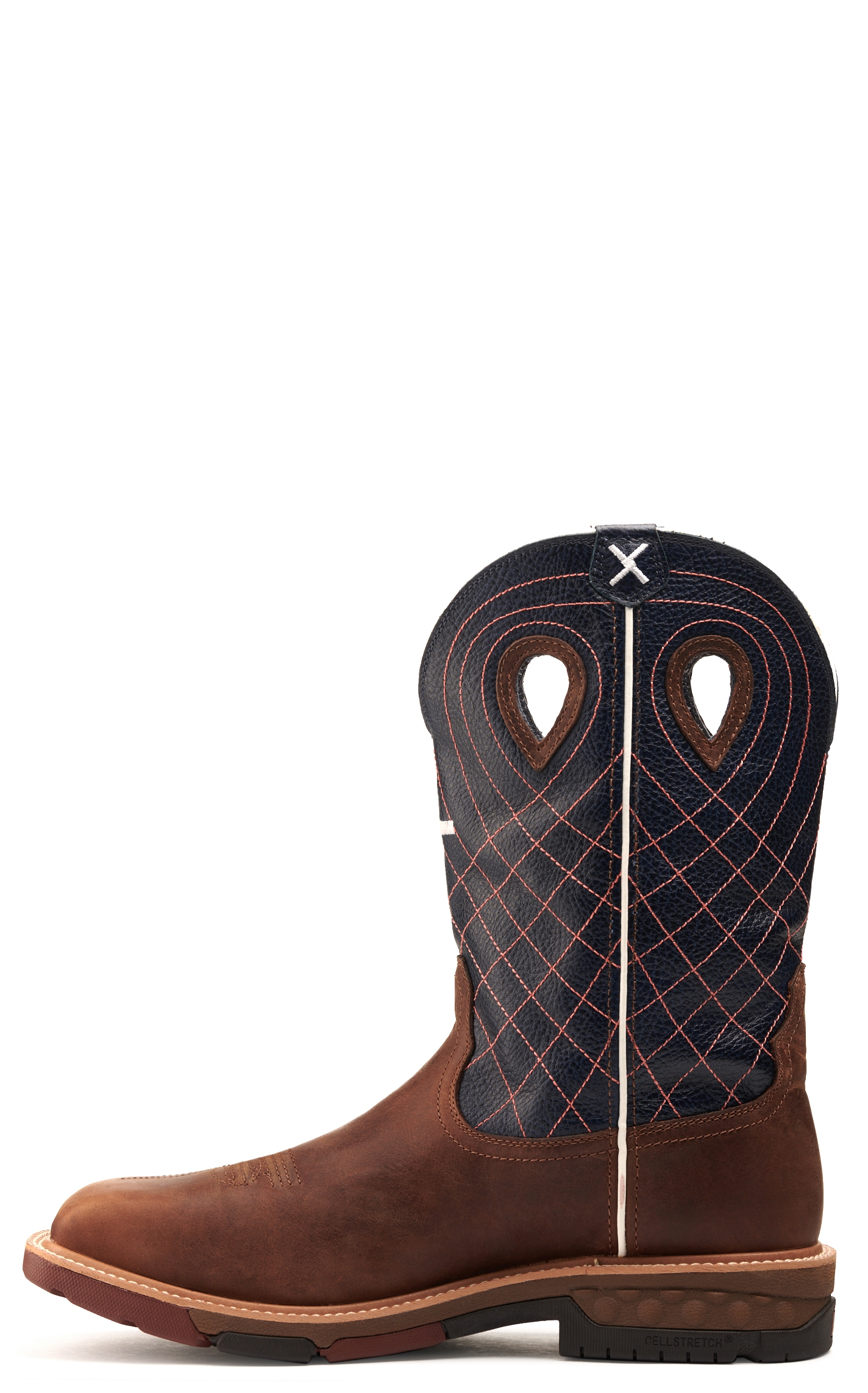 Twisted X Men's Mocha Brown and Navy Blue with Cross Embroidery Waterproof Wide Square Alloy Toe Work Boot - Image 1