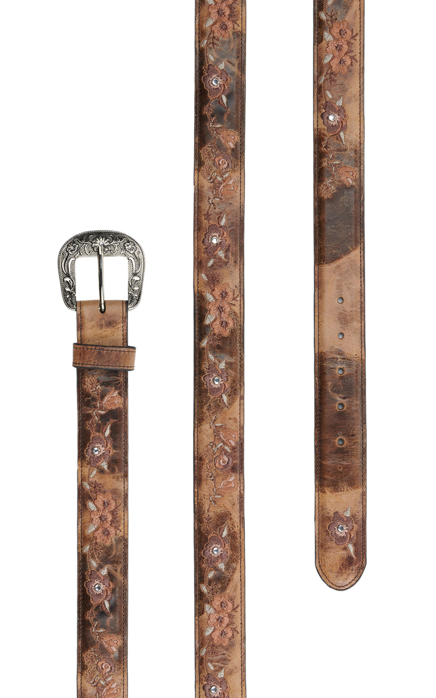 Cavender's Women's Weathered Tan with Floral Embroidery Leather Belt - Image 1