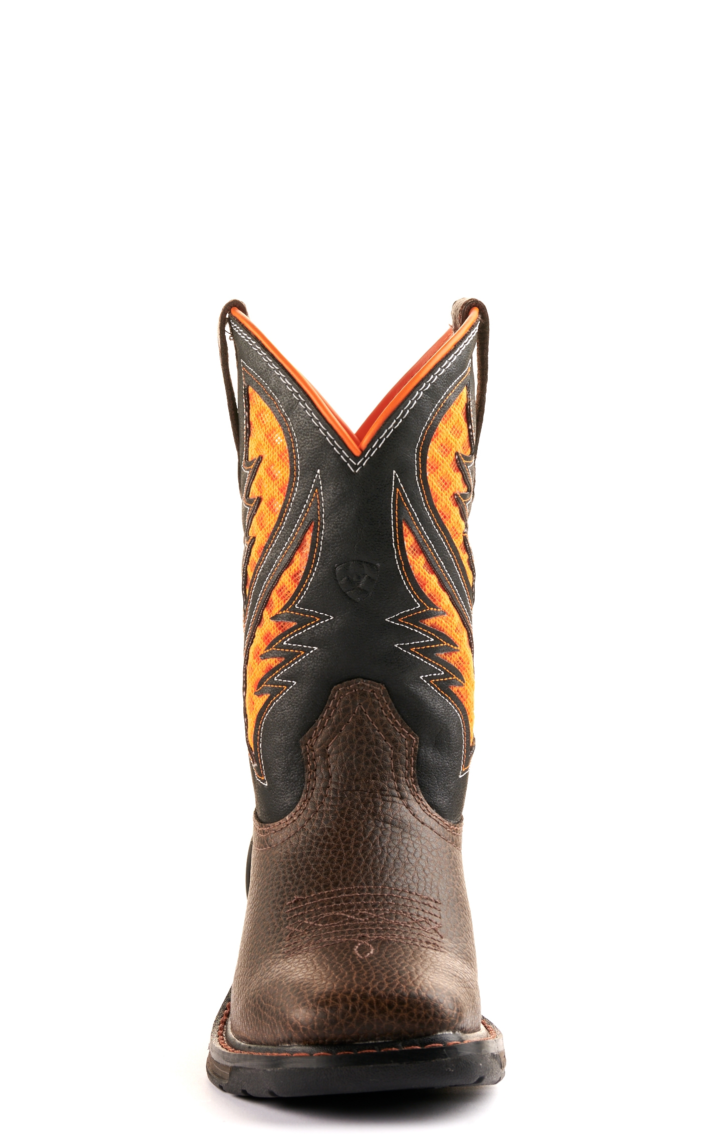 Ariat Youth VentTEK Cocoa Brown and Black with Orange Vents Wide Square Toe Work Boots - Image 1
