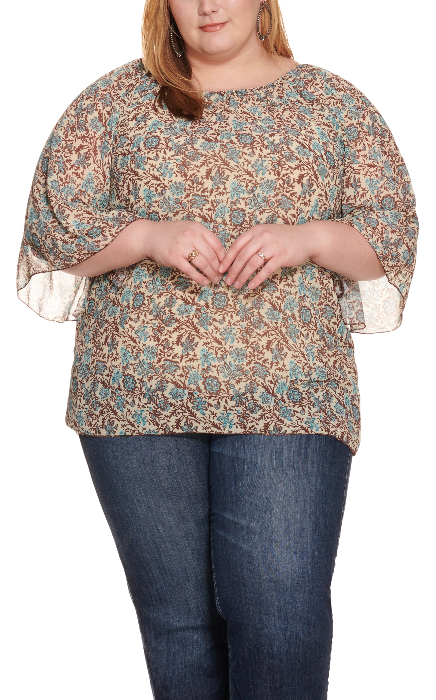 Cowgirl Hardware Women's Cream with Turquoise and Brown Floral Paisley Print 3/4 Angel Sleeves Top - Plus Sizes - Image 1