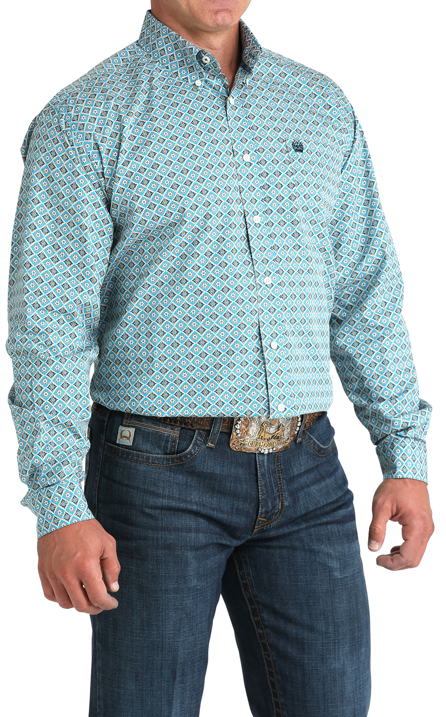 Cinch Men's Teal Diamond Geo Print Long Sleeve Western Shirt - Image 1