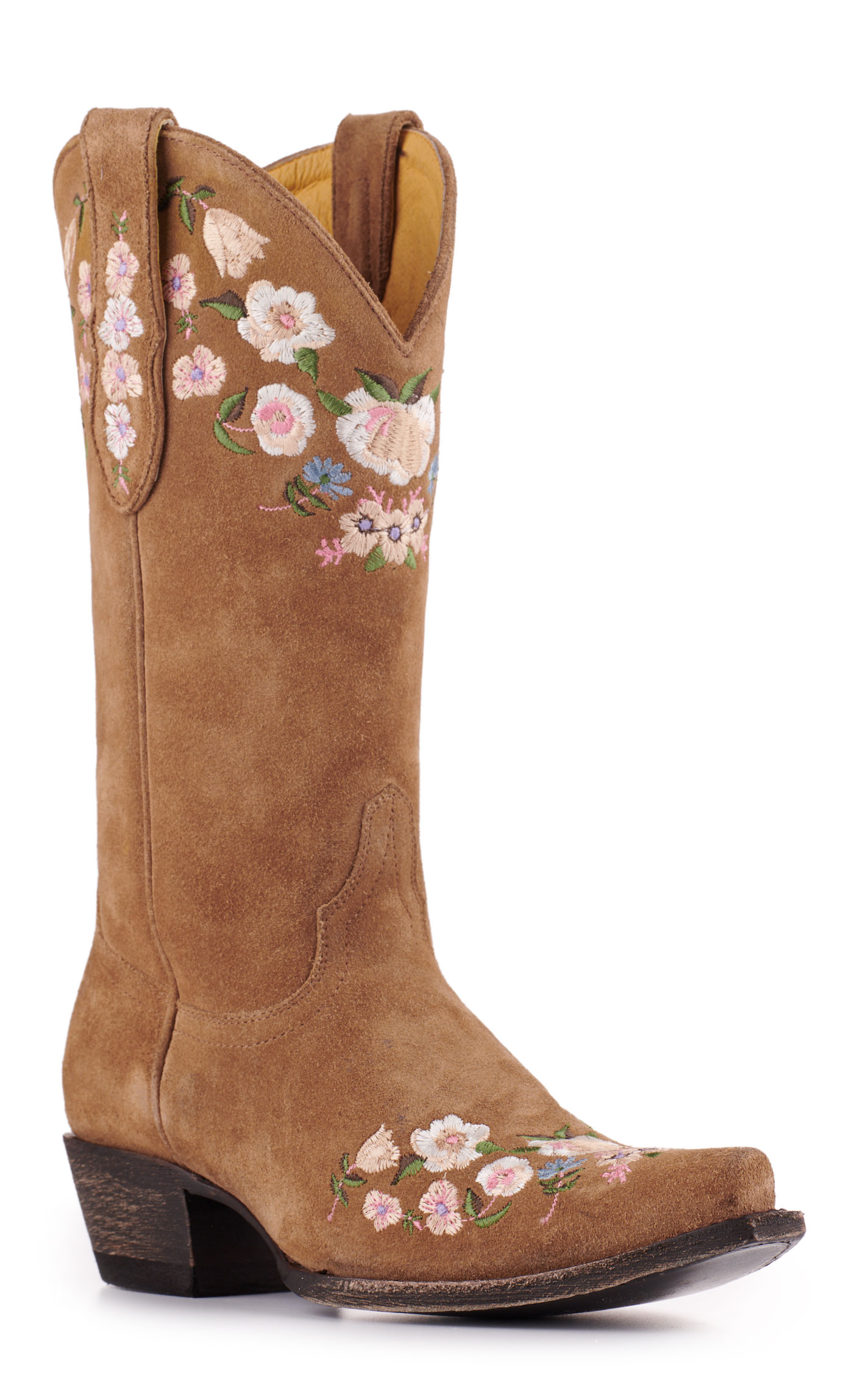 Cavender's Women's Brown Suede with Floral Embroidery Snip Toe Cowboy Boots - Image 1
