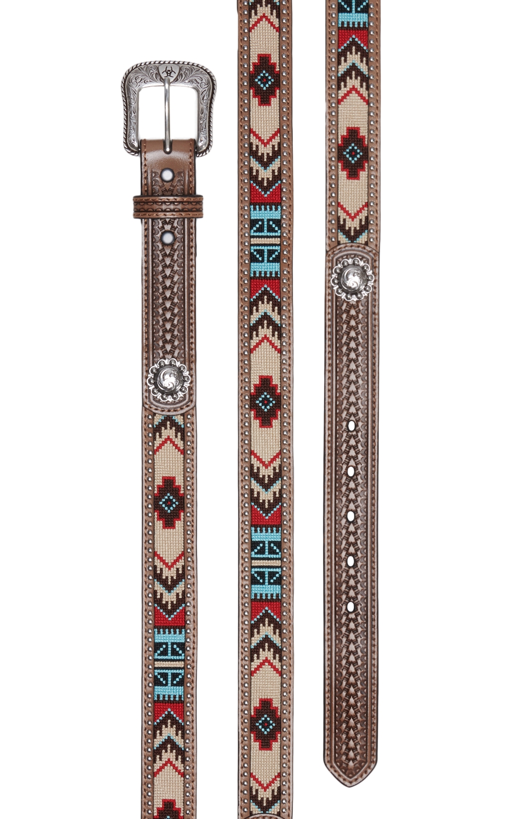 Ariat Boys' Brown with Aztec and Studs Basketweave Western Belt - Image 1