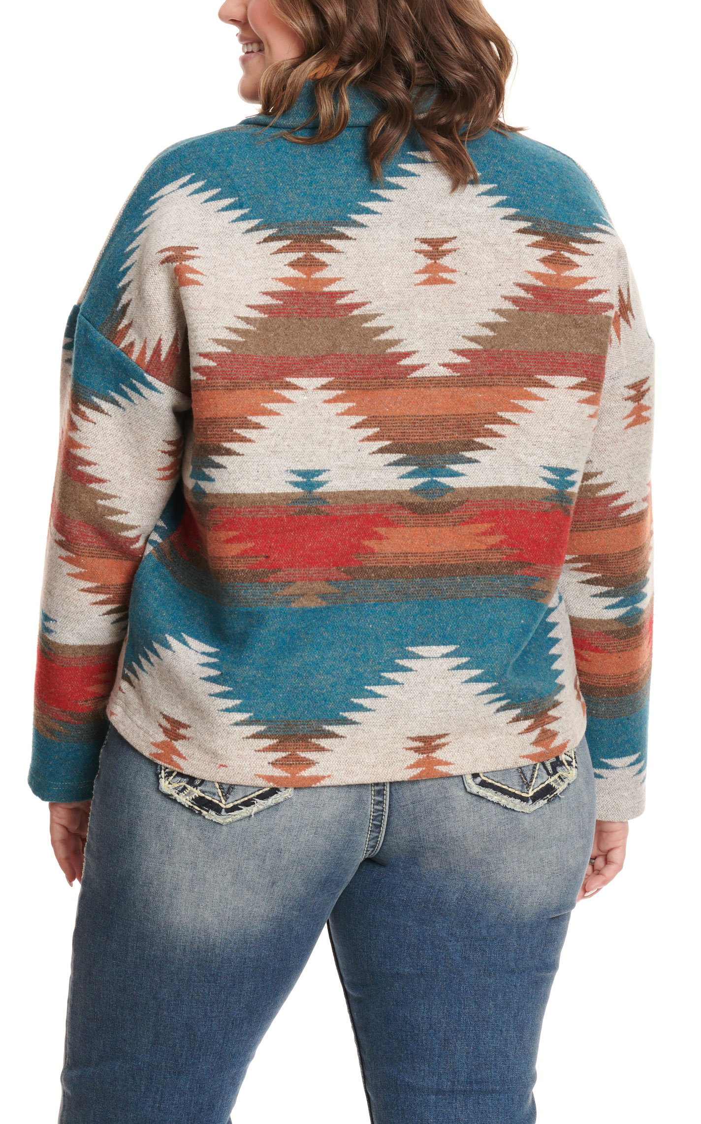 Blue B Women's Oatmeal Teal and Orange Aztec Blanket Jacket - Plus - Image 1