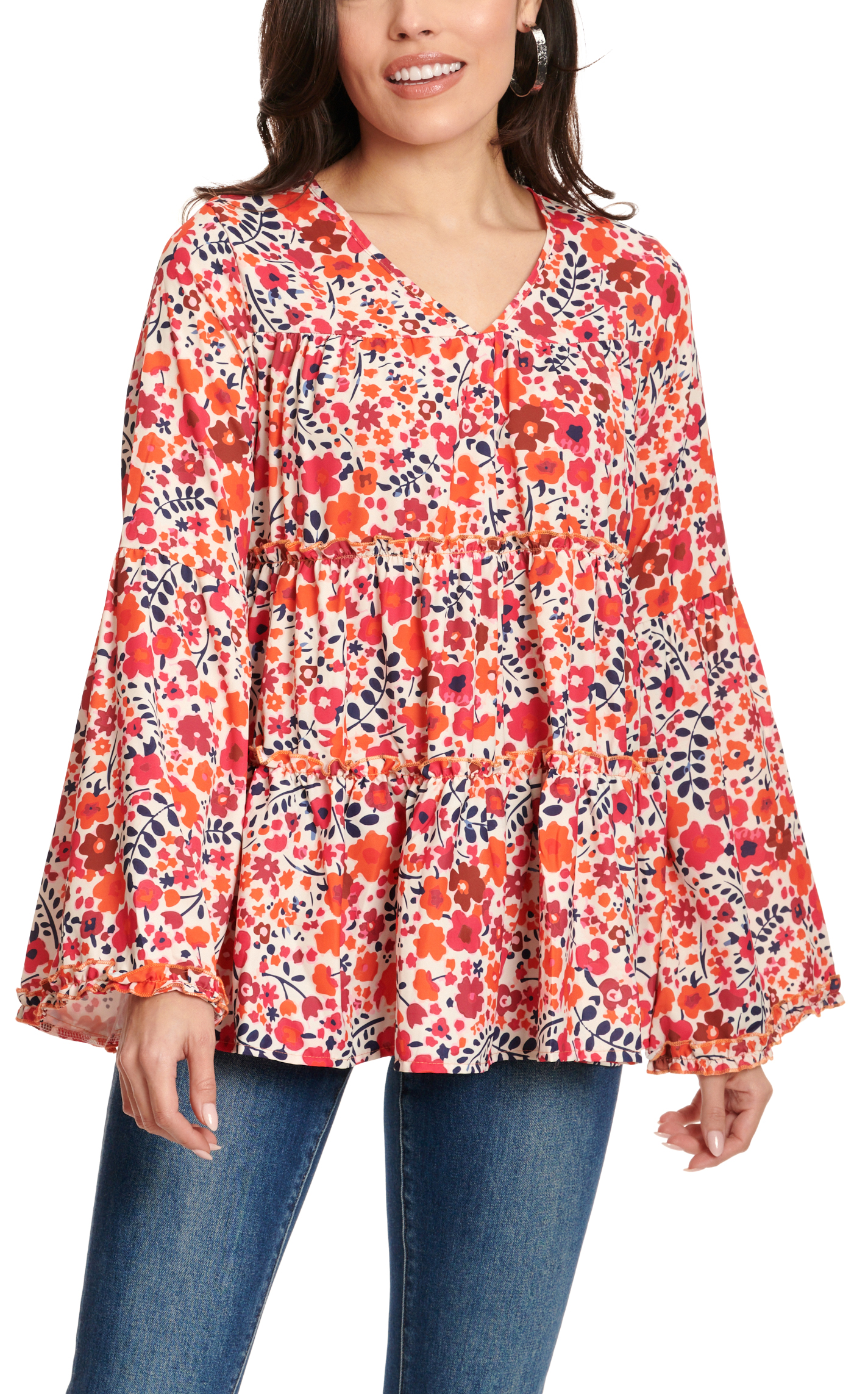 Grace & Emma Women's Tangerine & Berry Floral Print Baby Doll Long Sleeve Top - Image 1