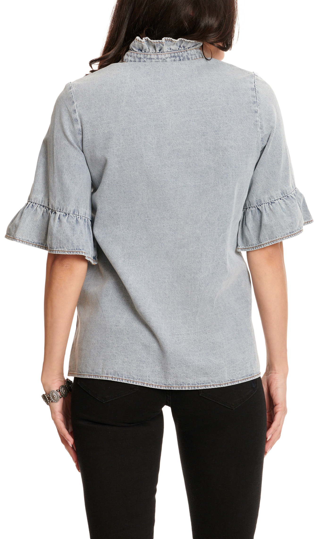 MAZIK Women's Light Wash Denim Short Sleeve Ruffle Placket Top - Image 1