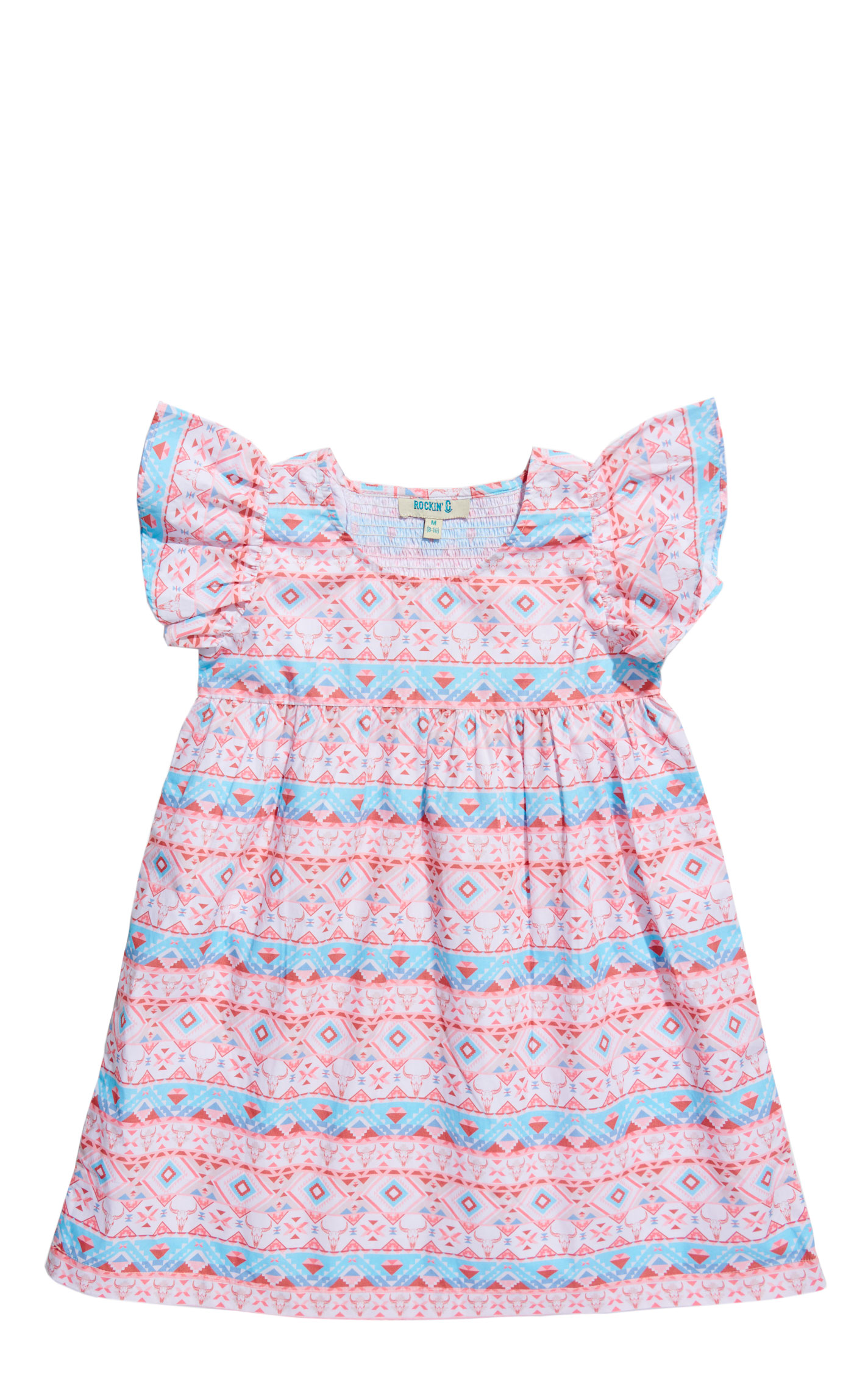 Rockin C Girl's Aztec Print Ruffled & Smocked Dress - Image 1