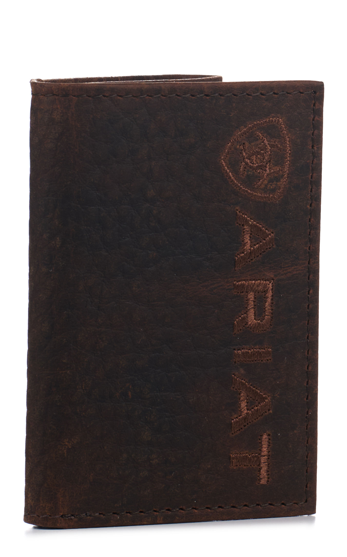 Ariat Men's Chocolate Bullhide & Shield Logo Trifold Wallet - Image 1