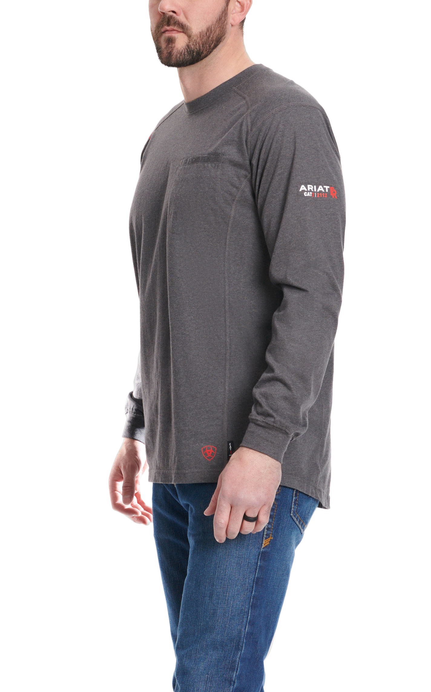 Ariat Men's Air Crew Charcoal & Aztec Logo Shield Gray FR Work Shirt - Image 1
