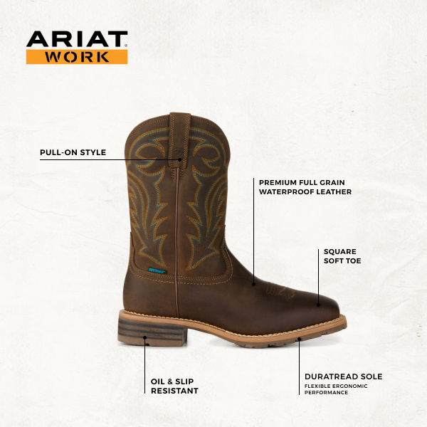 Ariat Men's Hybrid Rancher Distressed Brown Waterproof Wide Square Toe Work Boots - Image 1
