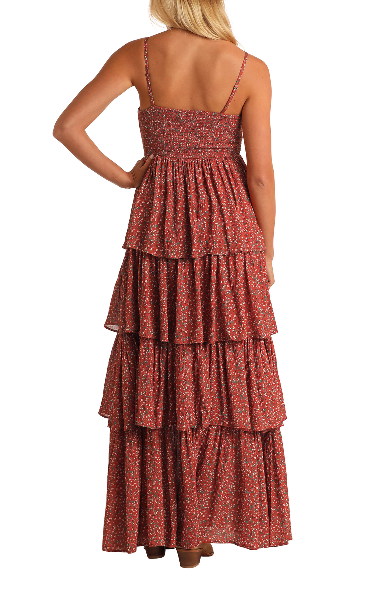 Rock & Roll Denim Women's Rust Floral Tiered Maxi Dress - Image 1