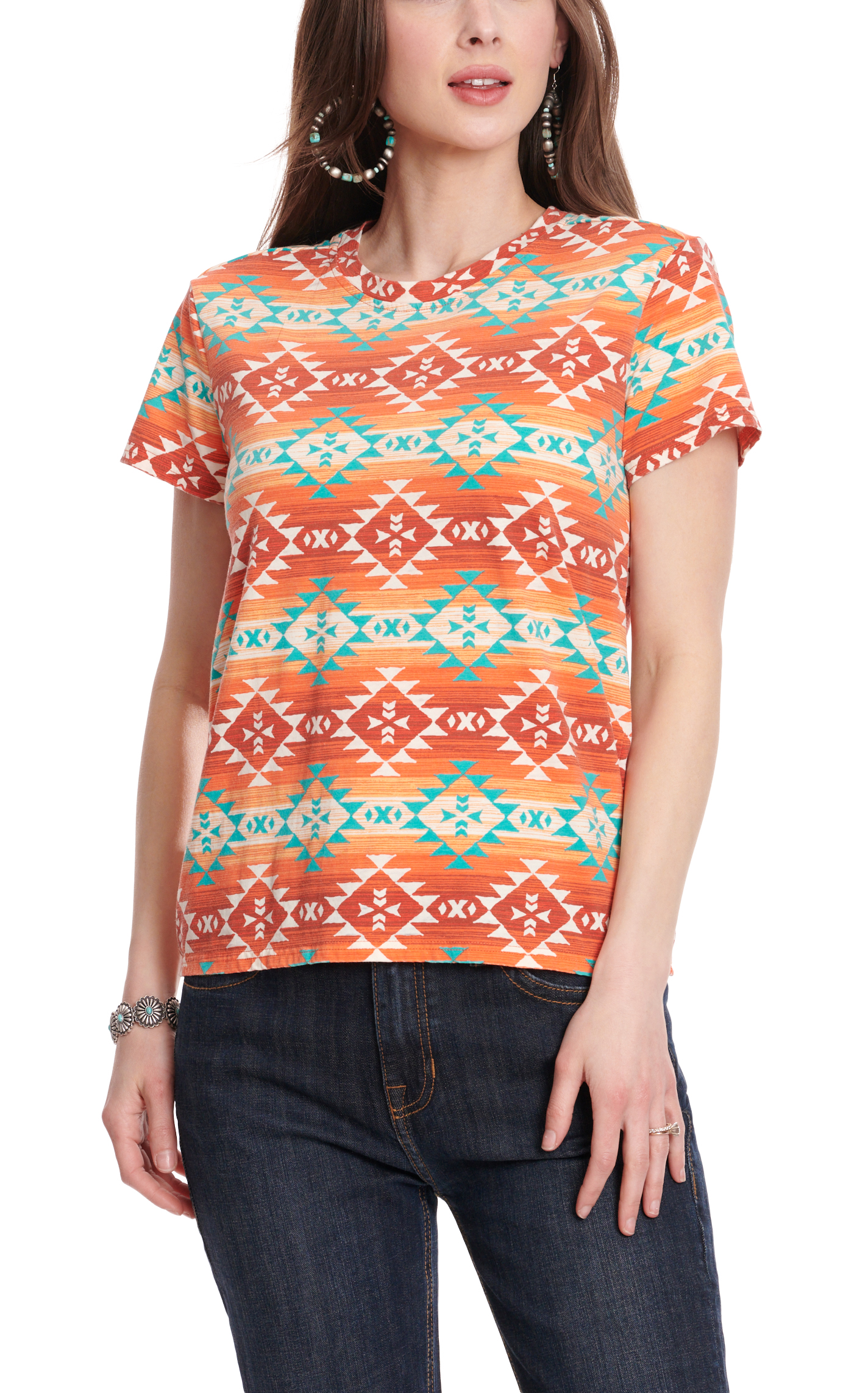 Panhandle Women's Sunrise & Turquoise Aztec Serape Print Short Sleeve Top - Image 1