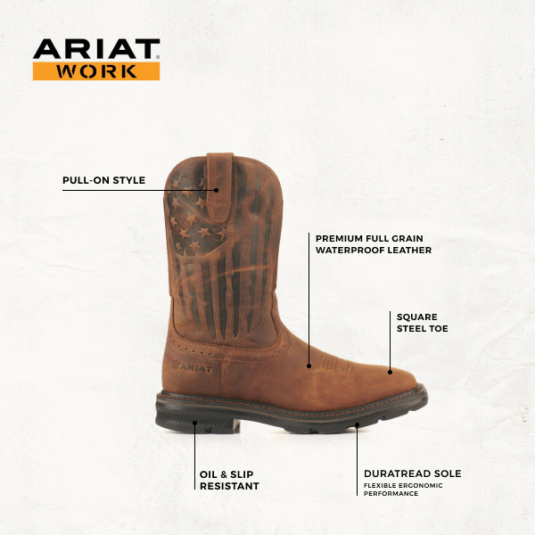 Ariat Men's Sierra Shock Shield Patriot Distressed Brown American Flag Square Steel Toe Work Boots - Image 1