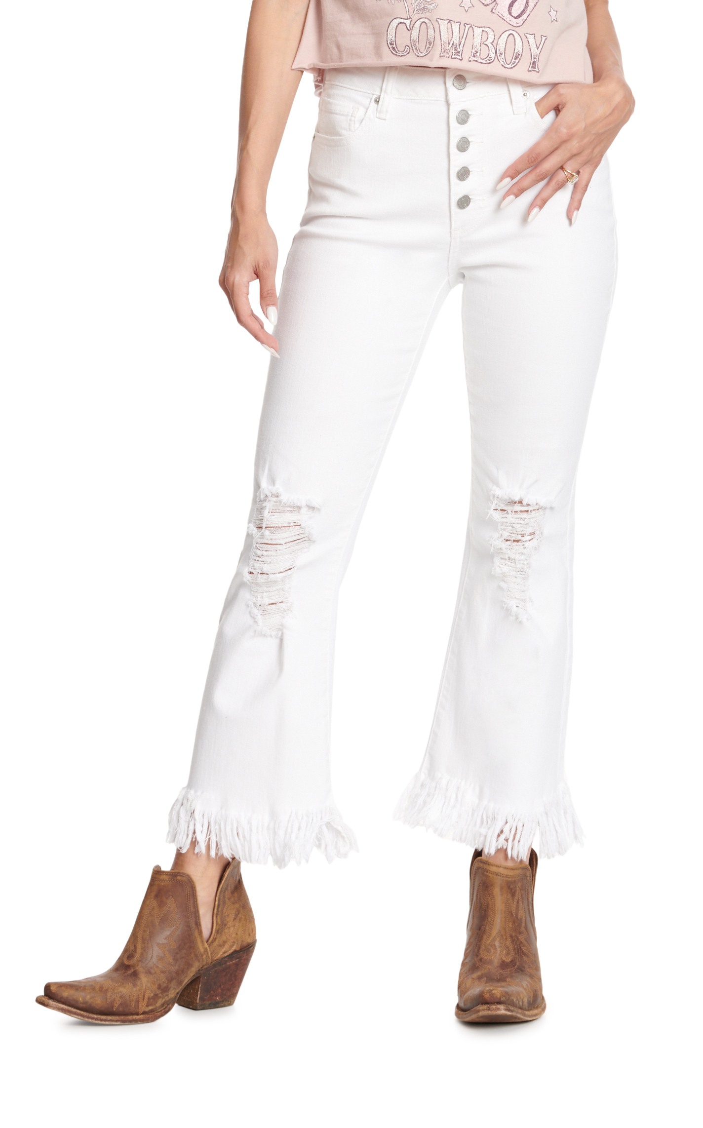 Sneak Peek Women's White High Rise Kick Flare Distressed Jeans - Image 1