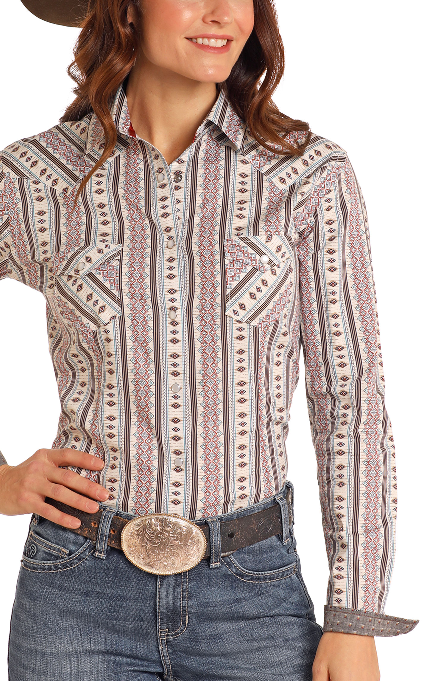 Panhandle Women's Colorful Aztec Striped Print Western Shirt - Image 1