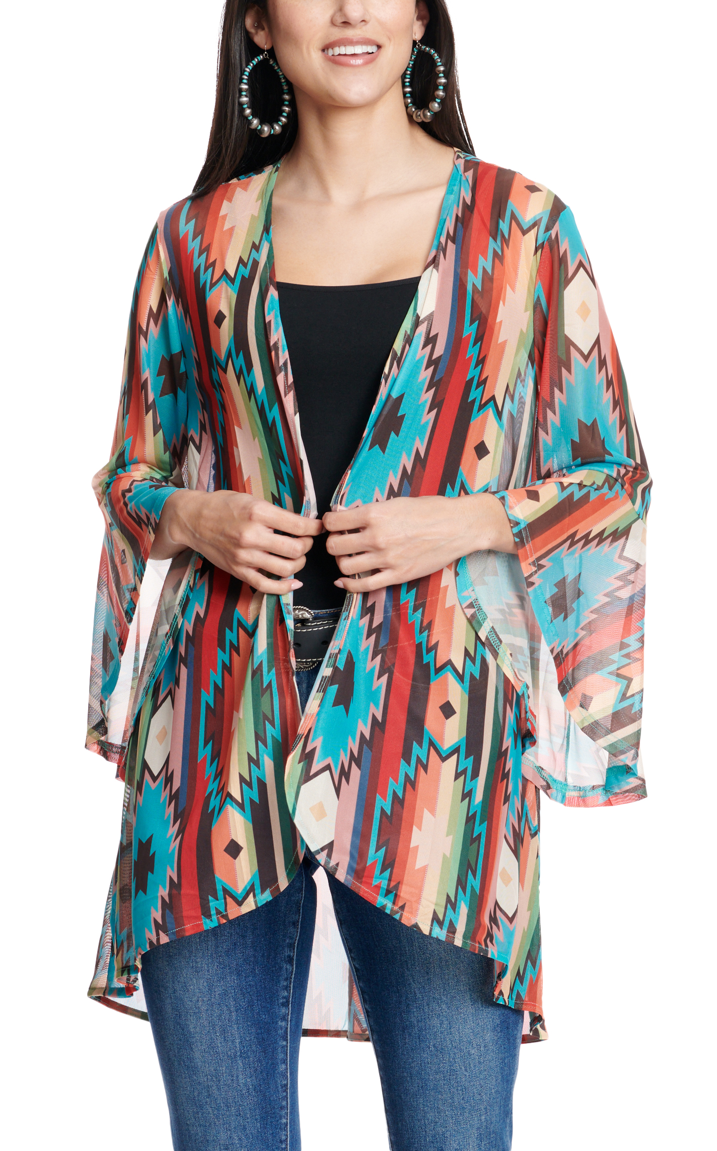 Fashion Express Women's Colorful Lightweight Aztec Print Kimono - Image 1