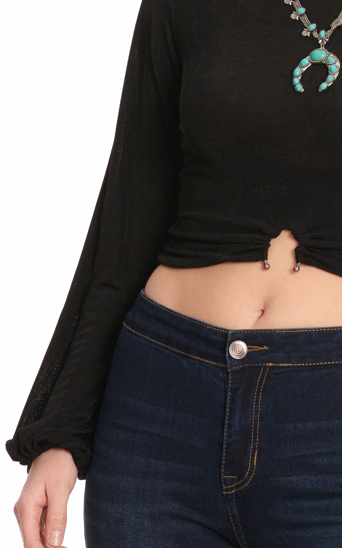Rock & Roll Denim Black & Antique Silver Horseshoe Detail Long Sleeve Crop Top - Image 1