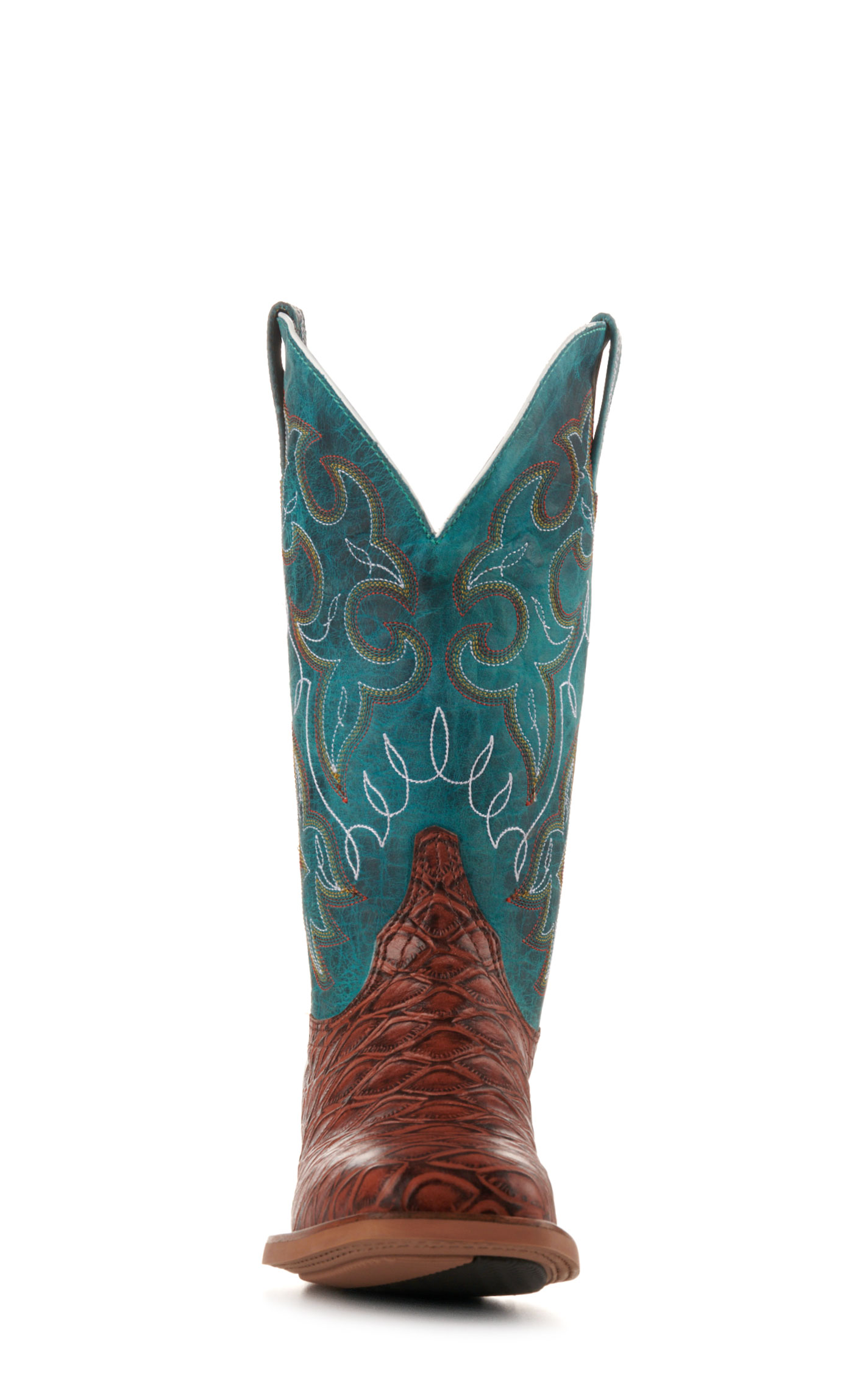 Cavender's Women's Intrepid Turquoise and Brown Baby Pirarucu Print Wide Square Toe Cowboy Boots - Image 1