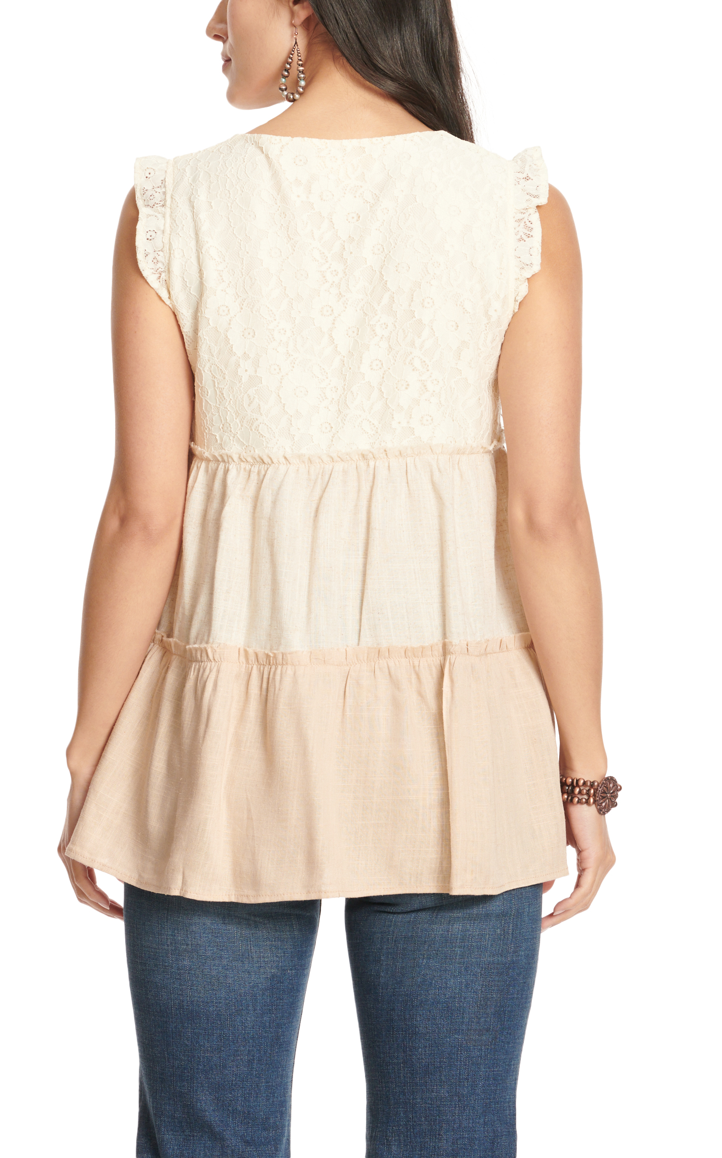 MAZIK Women's Cream Lace Oat & Blush Tiered Ruffle Top - Image 1
