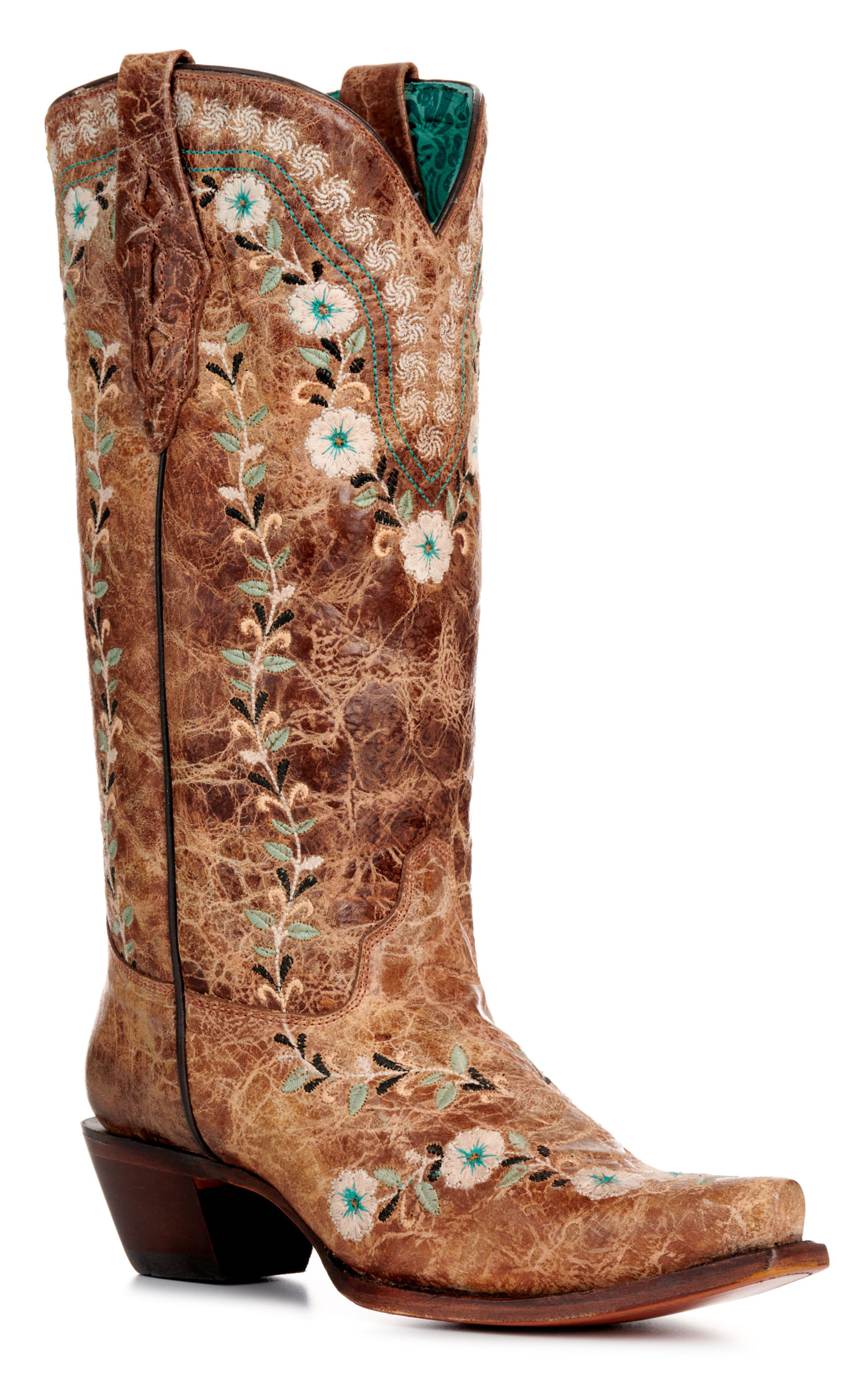 Corral Women's Distressed Cognac with Floral Embroidery Glow in the Dark Snip Toe Cowboy Boots - Image 1