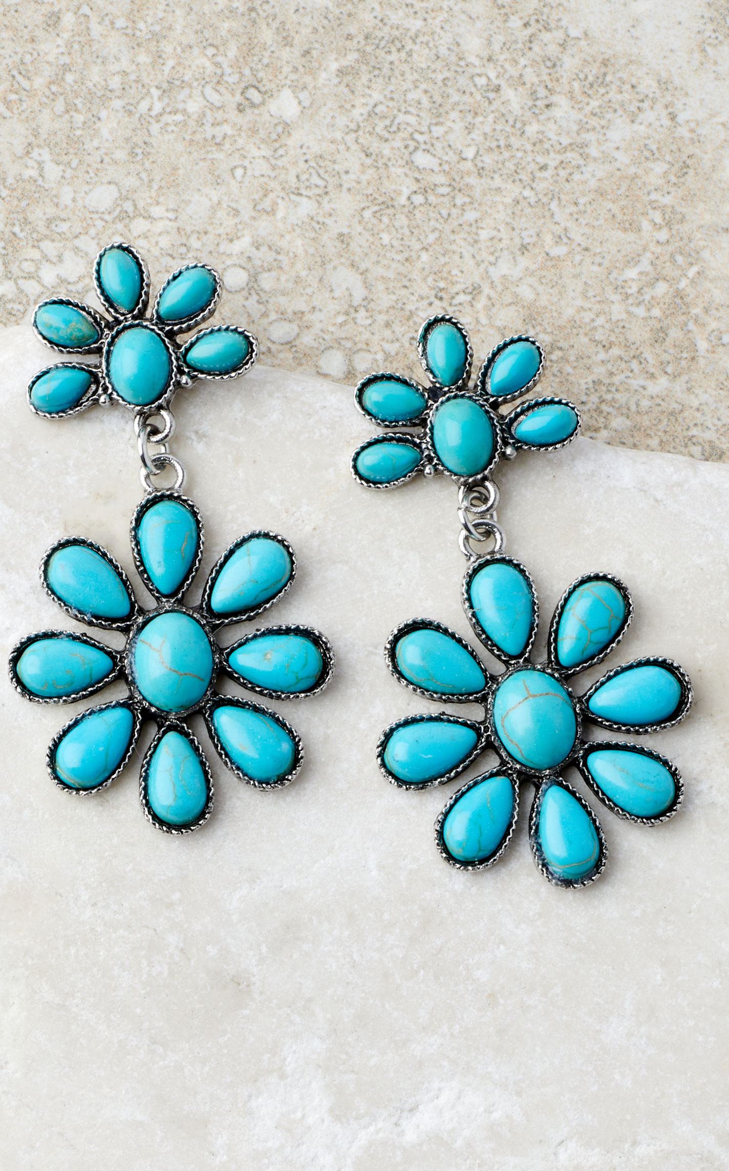 Rockin C Silver & Turquoise Stone Squash Blossom & Flower Dangle Earrings - Image 1