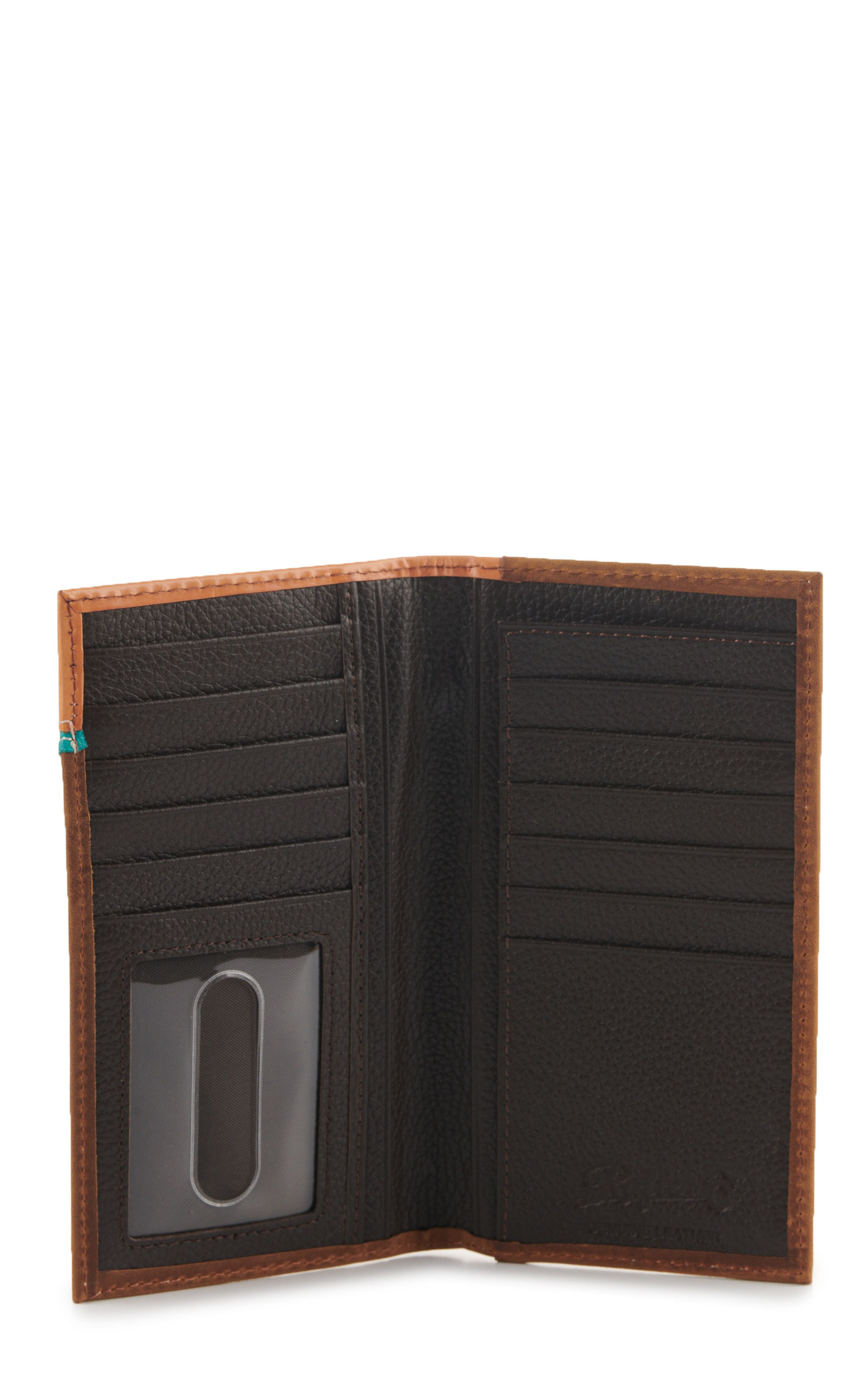Rafter C Men’s Tan Tooled Leather Turquoise Underlay Checkbook Cover Rodeo Wallet - Image 1